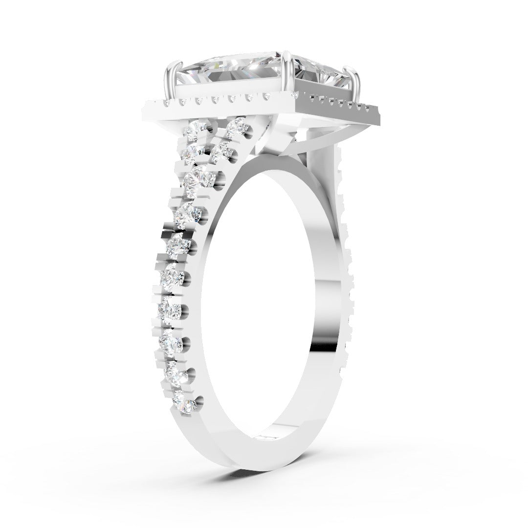 Princess Cut Halo & V-Split Shank Pavé Diamond Ring