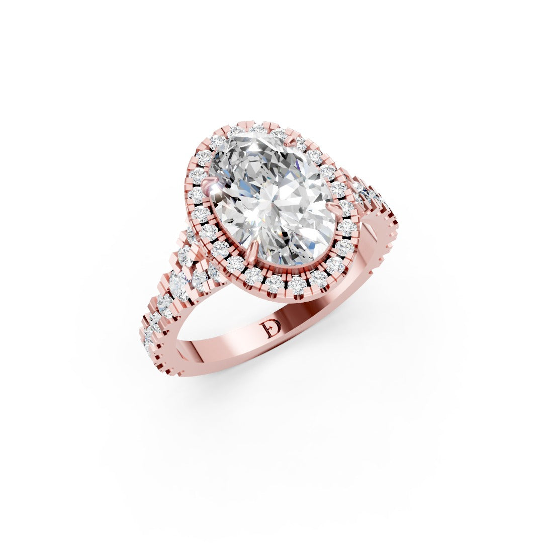 Oval Cut Halo & V-Split Shank Pavé Diamond Ring