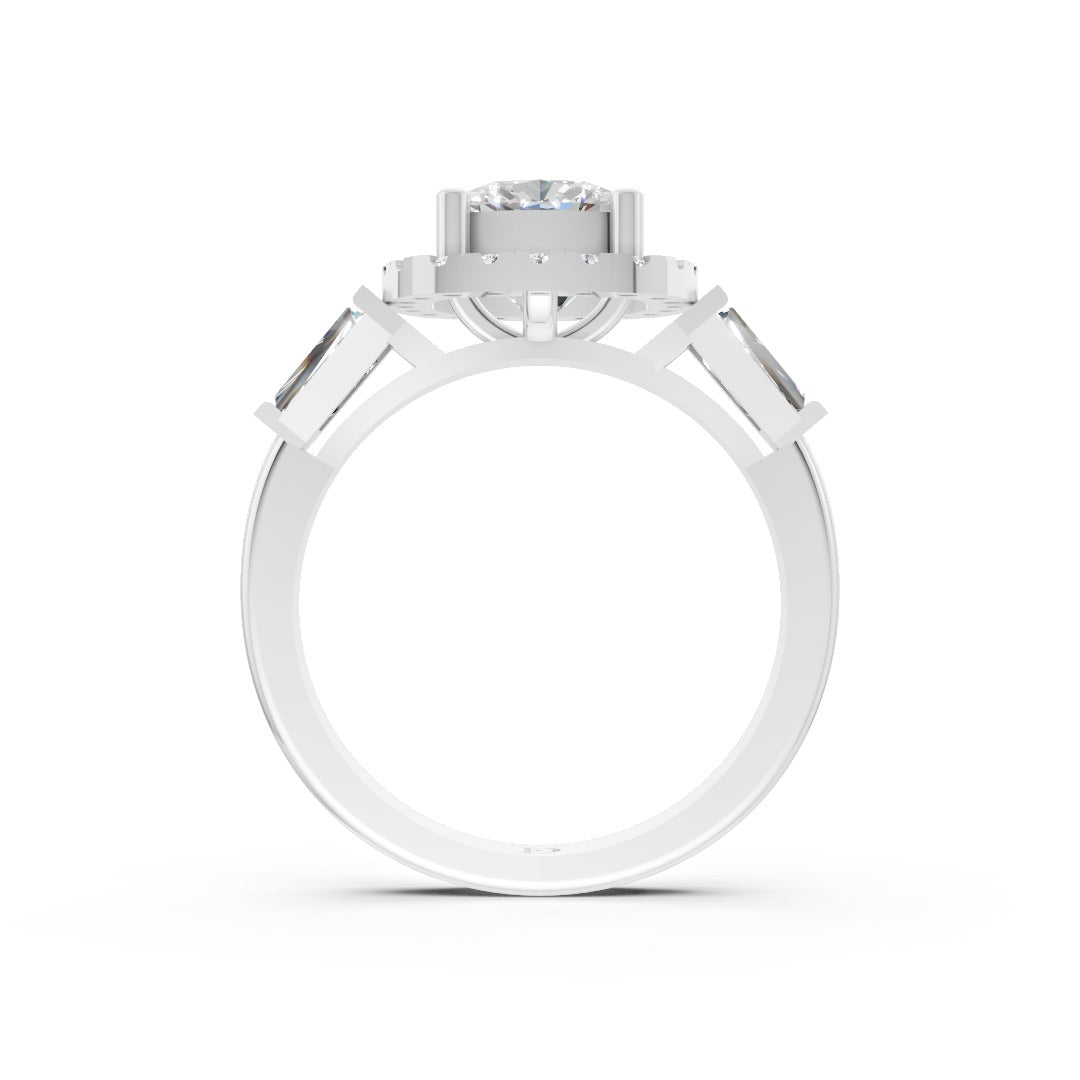 Cushion Cut Diamond Halo Ring With Tapper Baguette