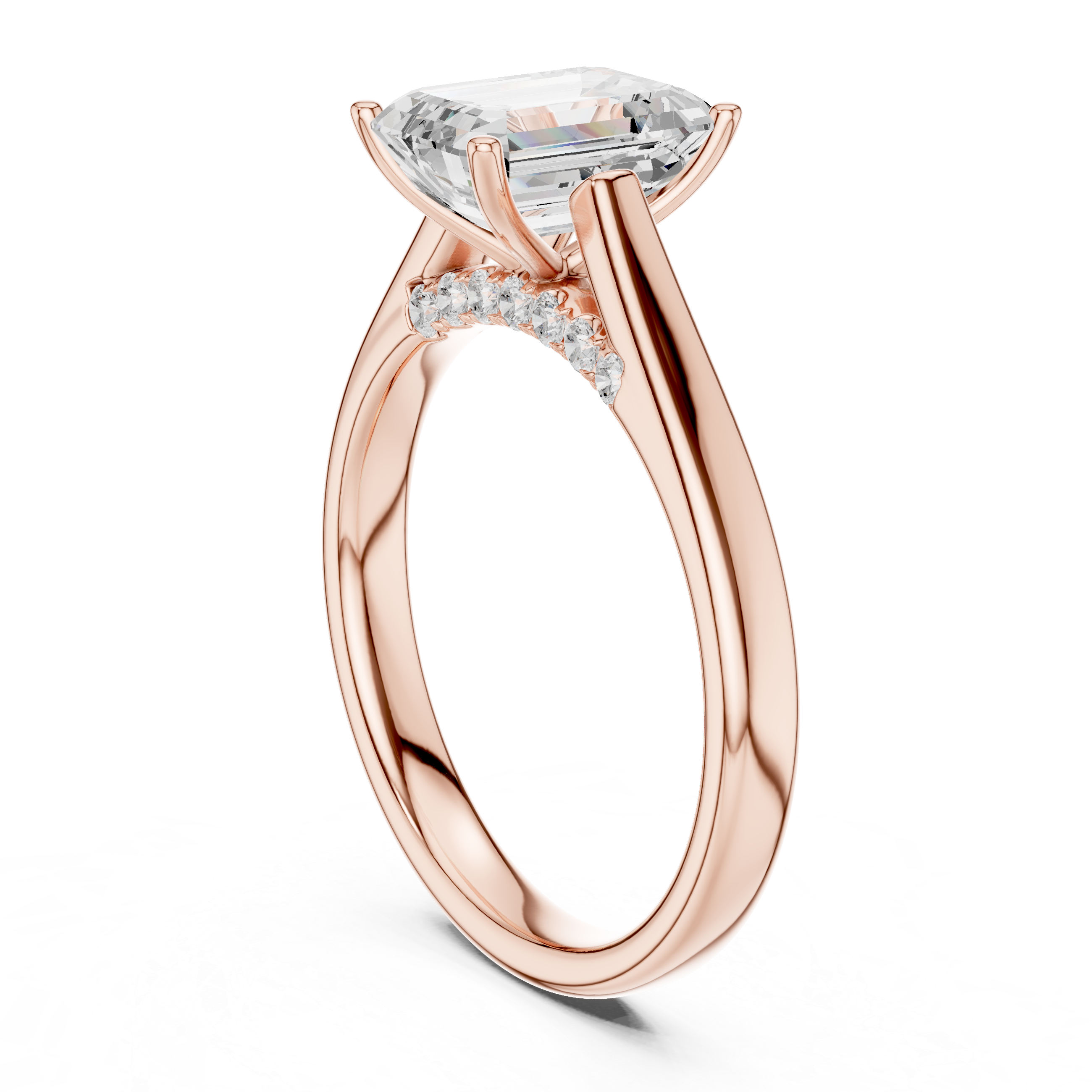 Emerald Cut Cathedral Solitaire Ring With Hidden Pave Bridge