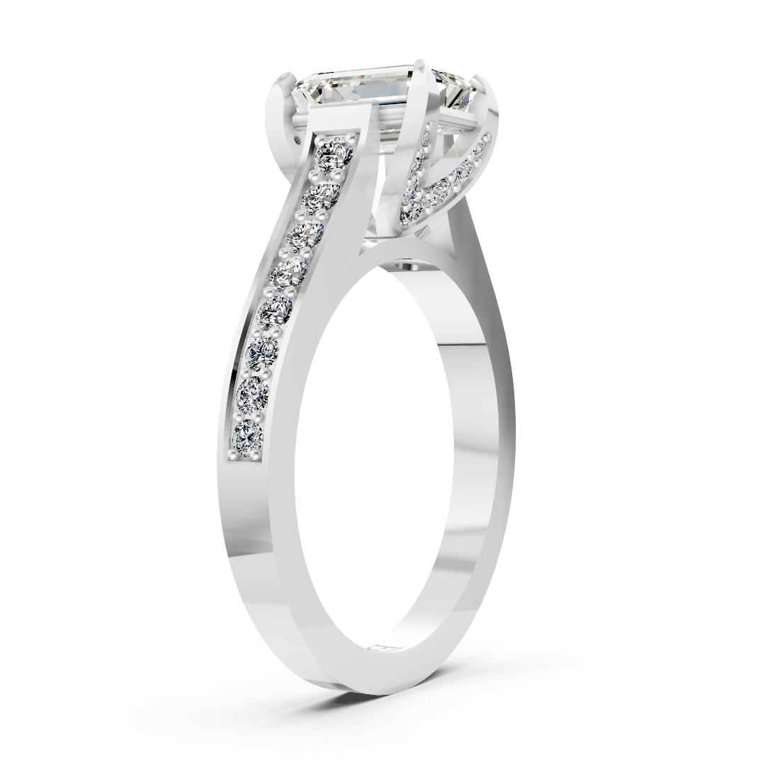 Emerald Cut Diamond with Pavé Bridge Hidden Halo Ring