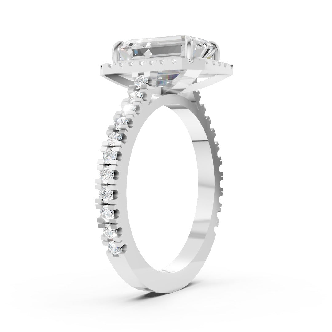 Emerald Cut Diamond Floating Halo with Pavé Ring