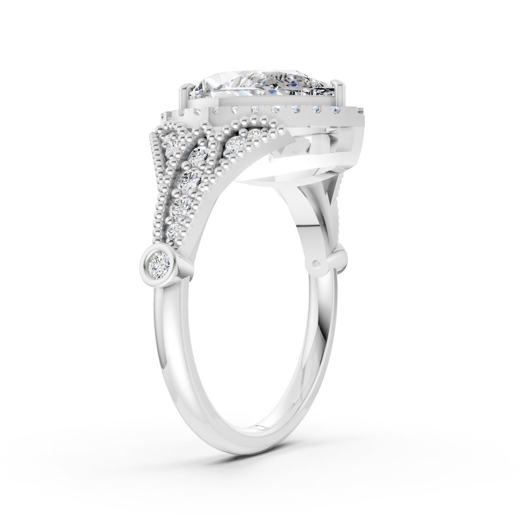 Vintage Inspired Pear Cut Lab Diamond Milgrain Halo Wedding Ring