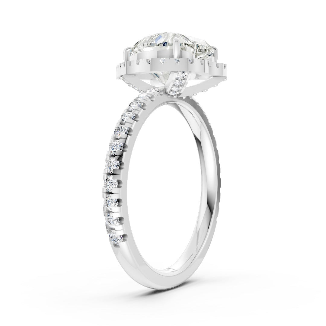 Lab Grown Heart Diamond Halo Engagement Ring With Pave Set Band