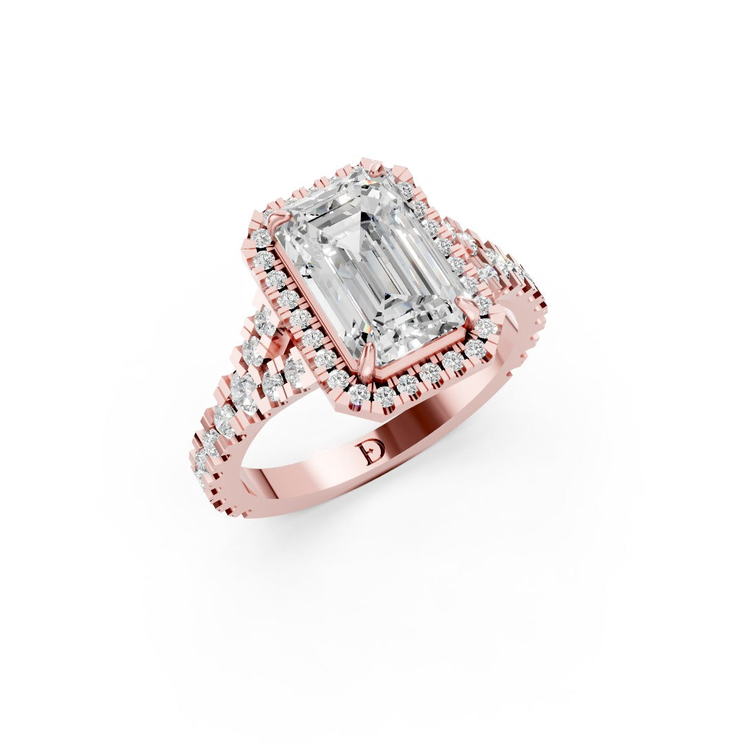 Emerald Cut Halo & V-Split Shank Pavé Diamond Ring