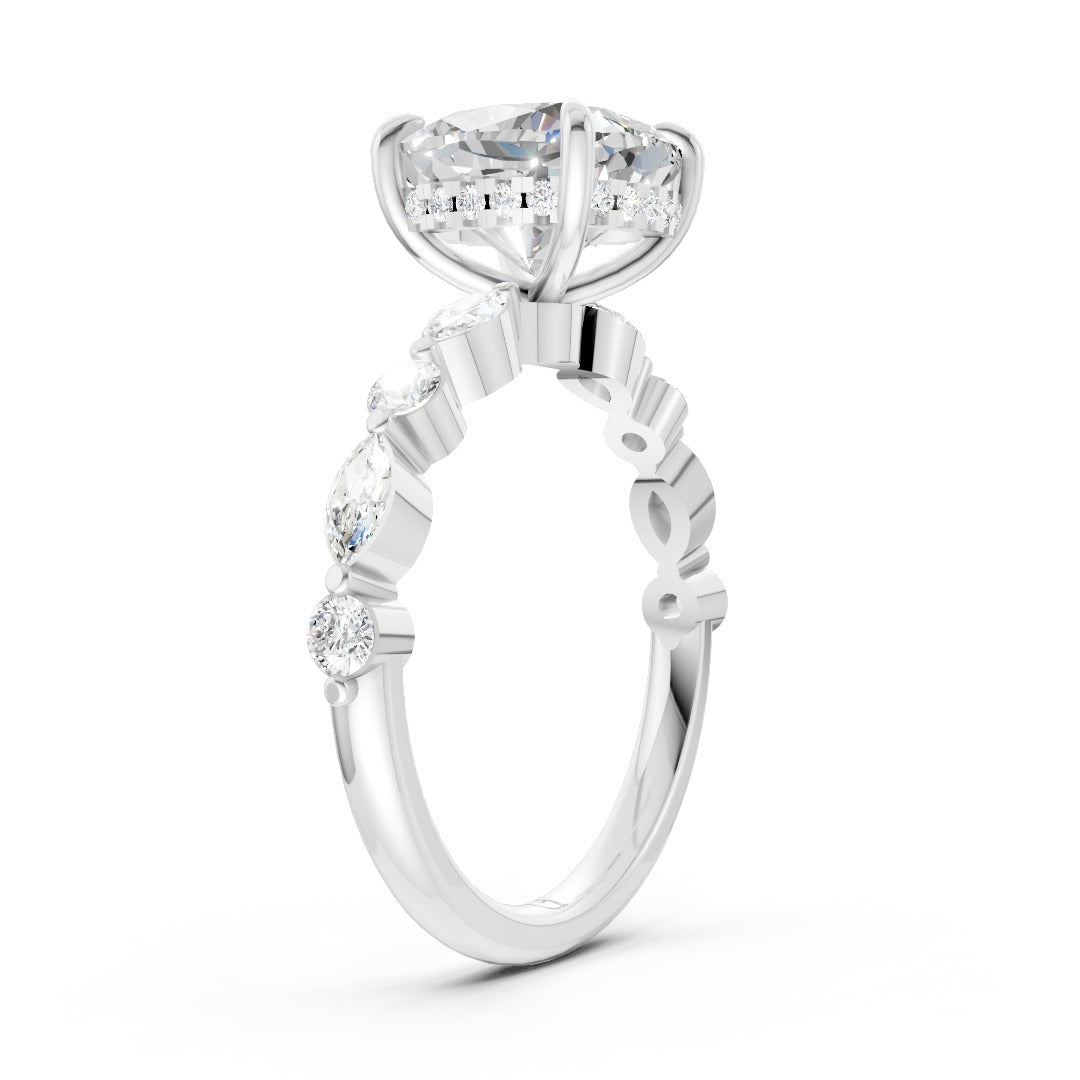 Cushion Cut Diamond Alternating Round And Marquise Engagement Ring