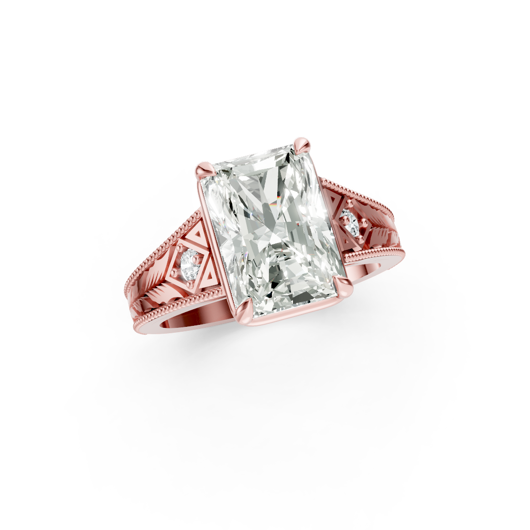 Antique Three Stone Leaf Engraved Band Radiant Cut Ring