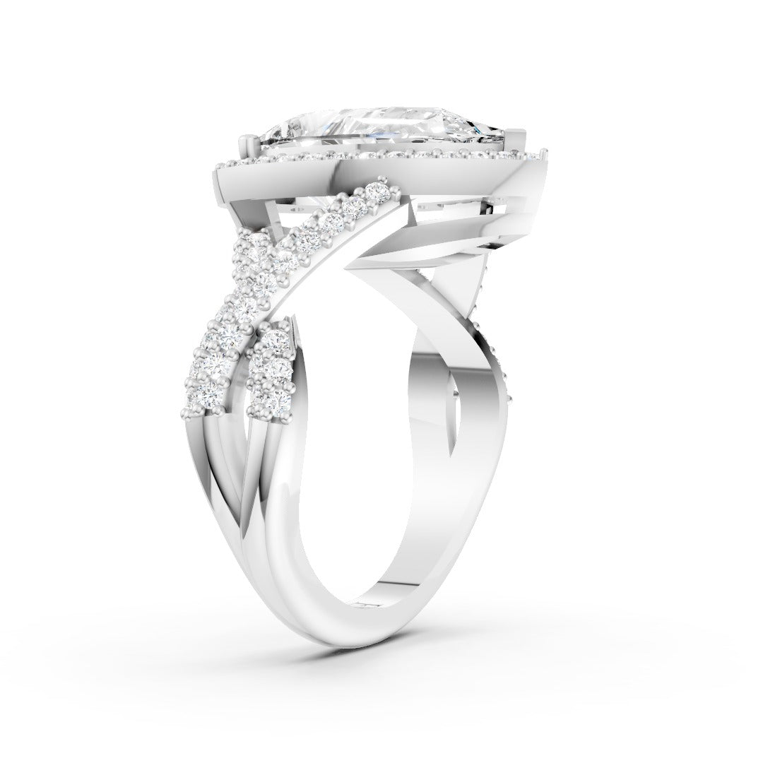 Pear Cut Twisted Pave Half Eternity Halo Diamond Ring