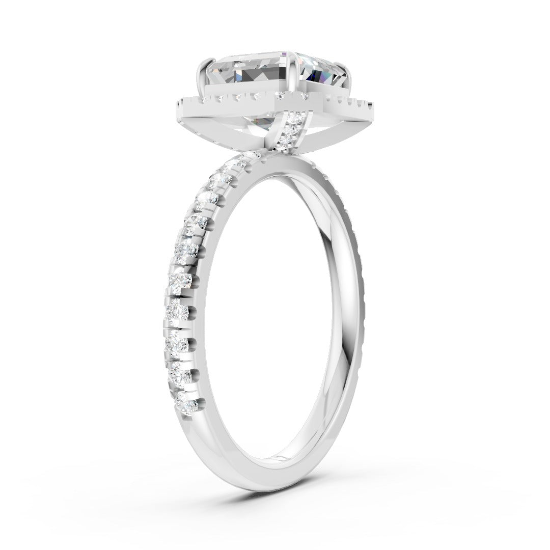 Lab Grown Asscher Diamond Halo Engagement Ring With Pave Set Band