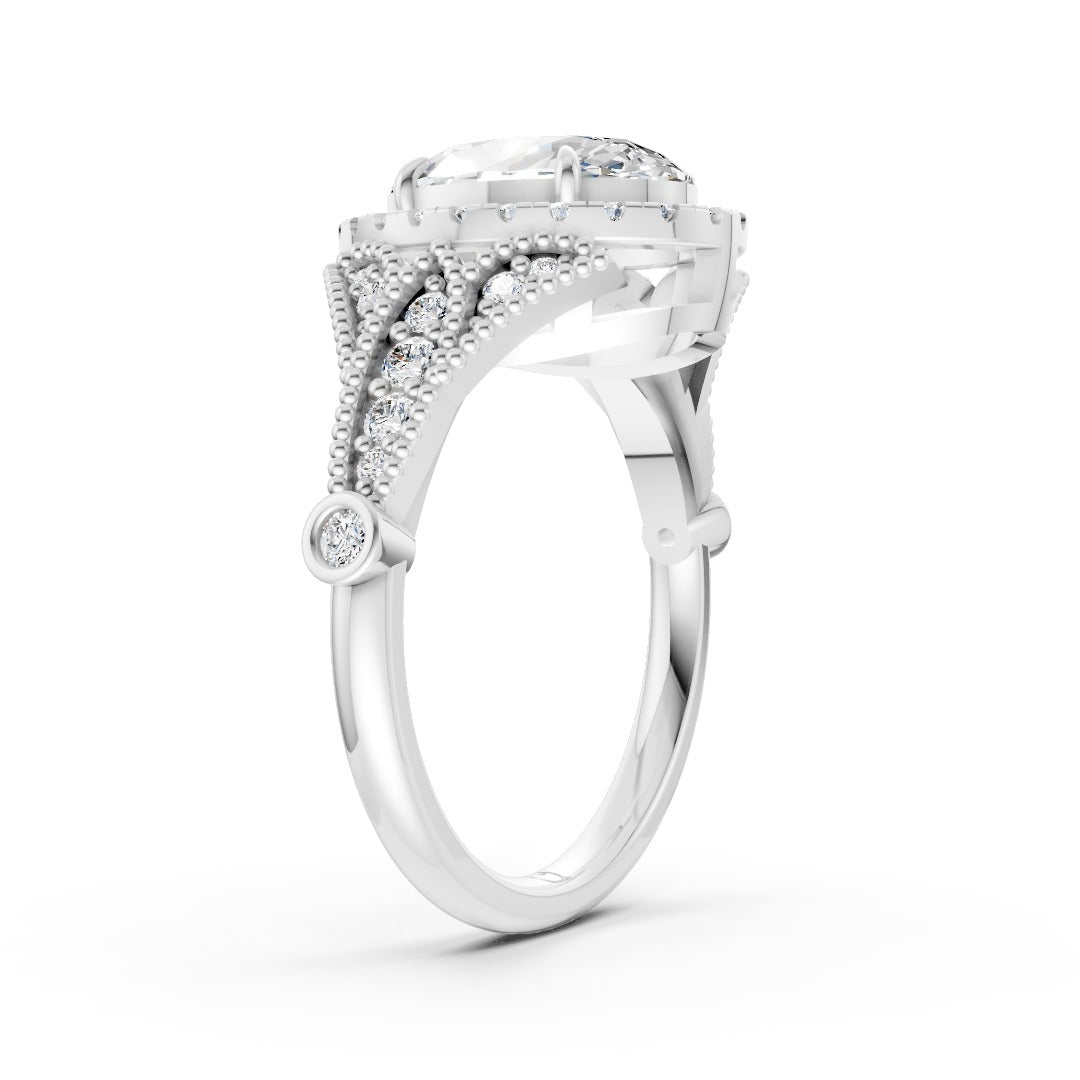 Vintage Inspired Oval Cut Lab Diamond Milgrain Halo Wedding Ring