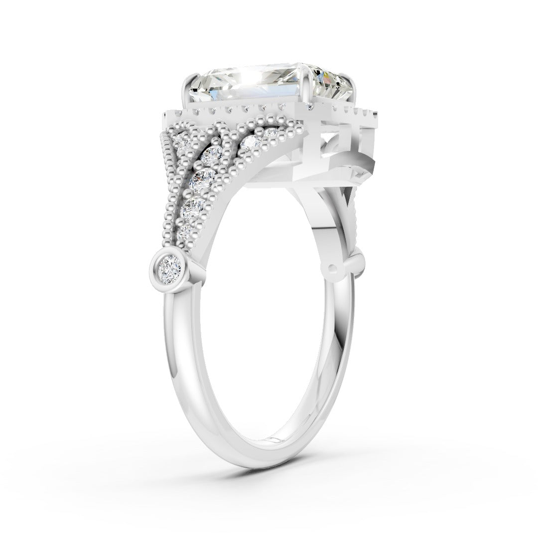 Vintage Inspired Radiant Cut Lab Diamond Milgrain Halo Wedding Ring