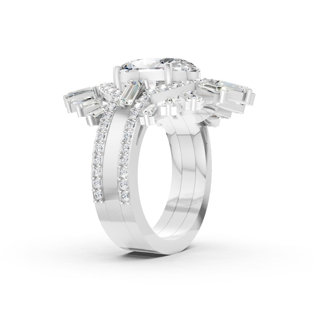 Vintage Inspired Multi Shaped Sunburst Halo Diamond Bridal Ring