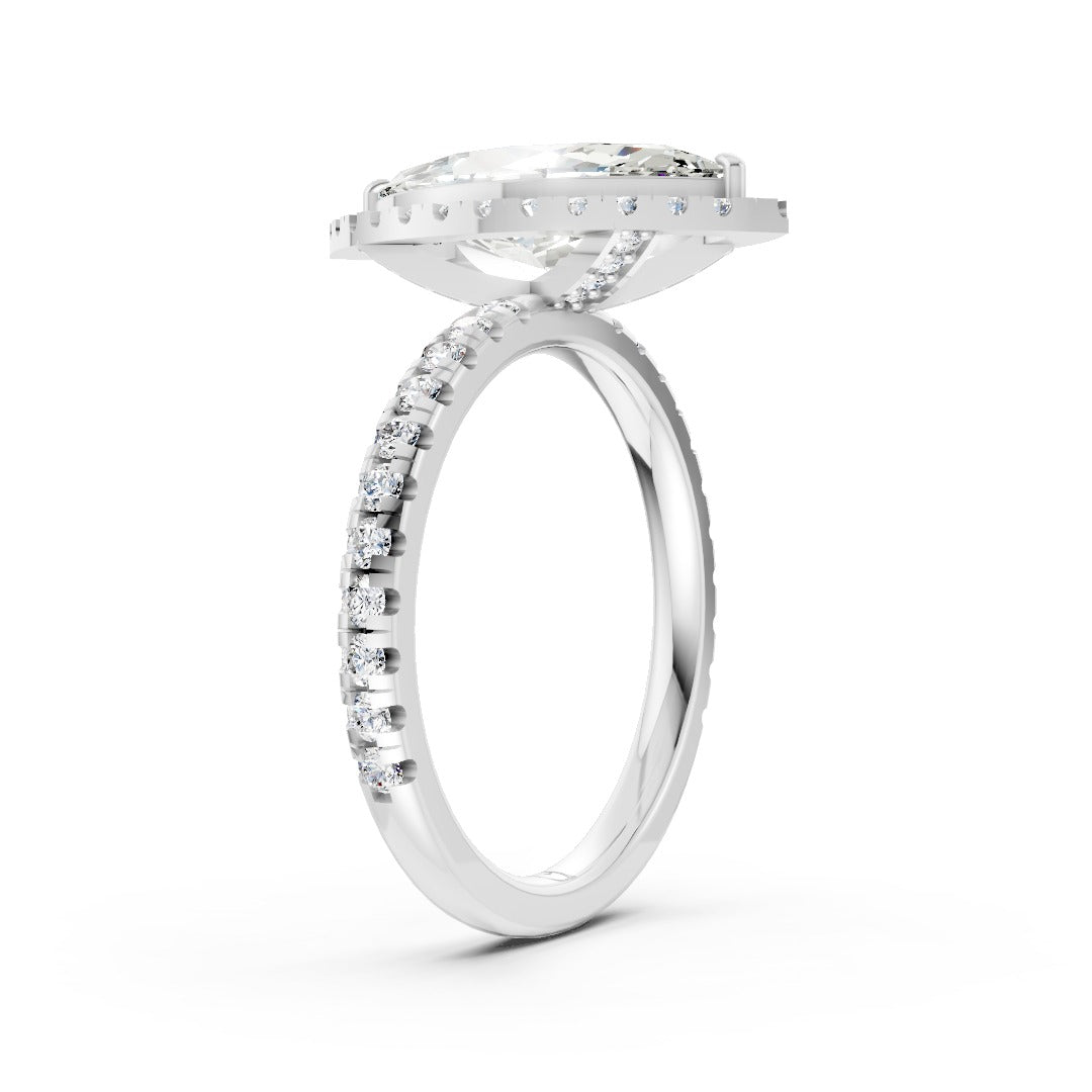 Lab Grown Marquise Diamond Halo Engagement Ring With Pave Set Band
