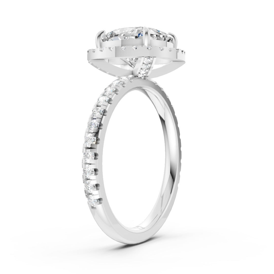 Lab Grown Cushion Diamond Halo Engagement Ring With Pave Set Band