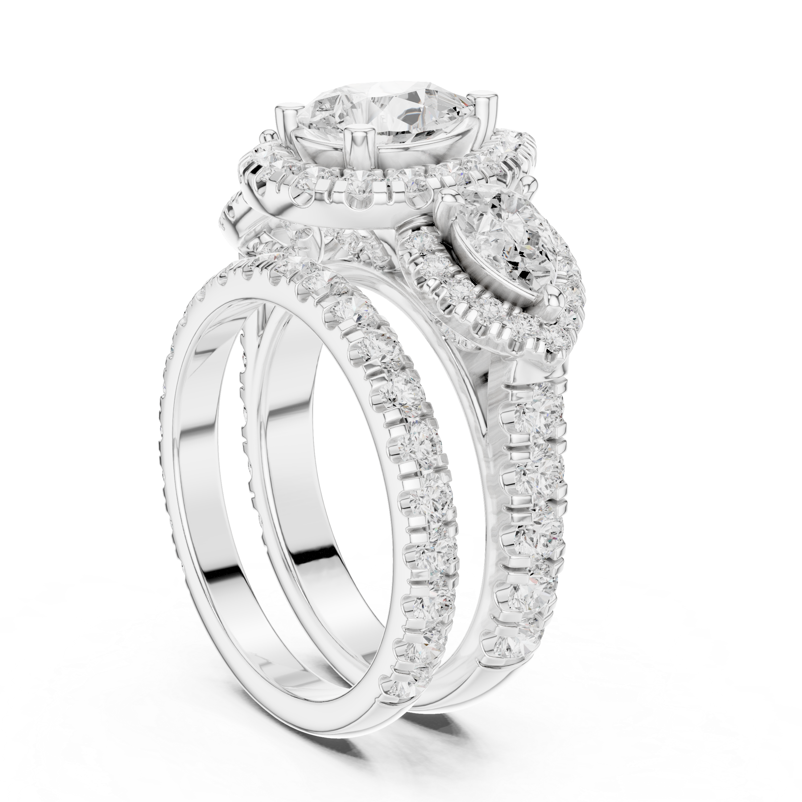Pear Cut Three Stone Halo Diamond Bridal Ring