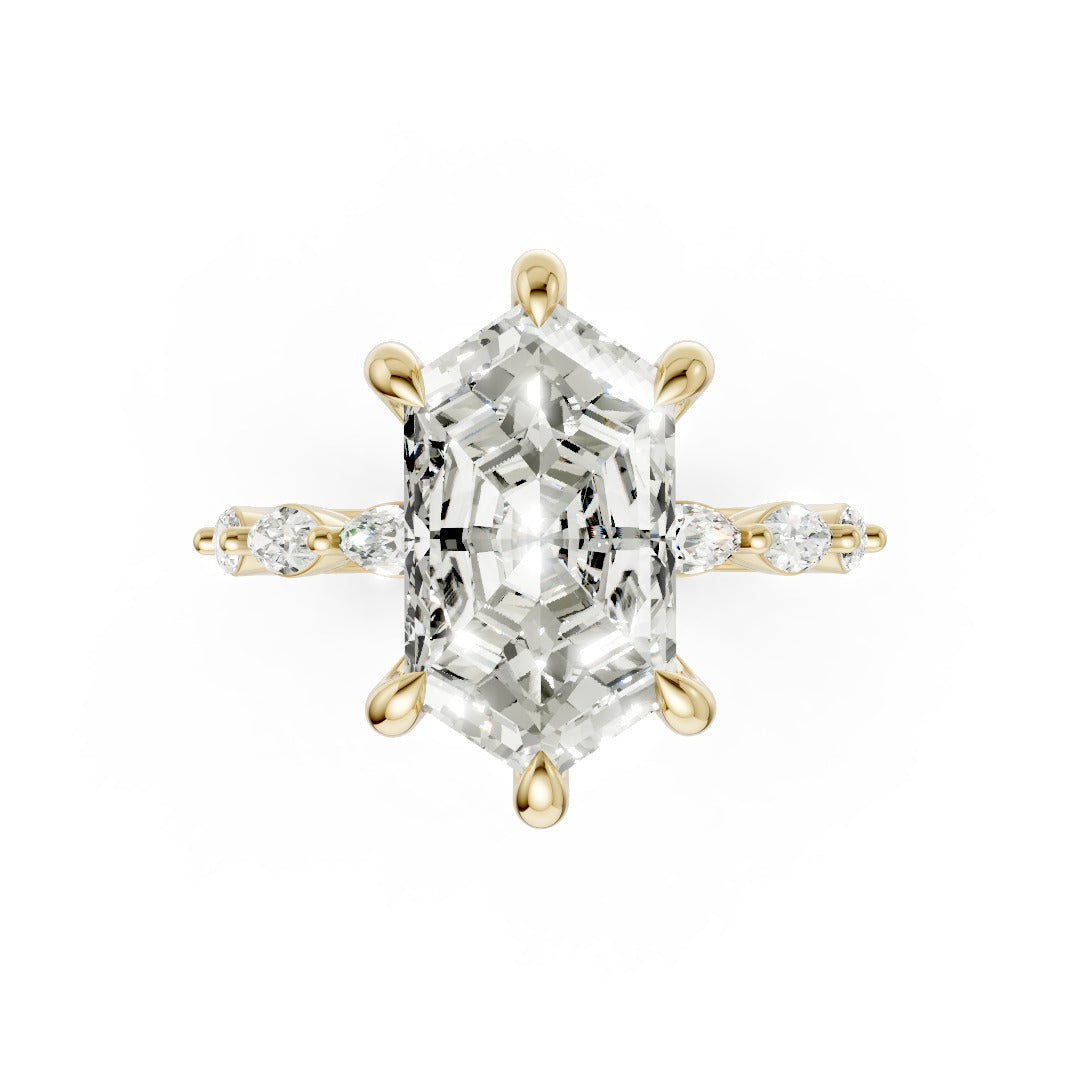 Hexagon Lab Diamond Hidden Halo Marquise Side Stone Baypass Ring