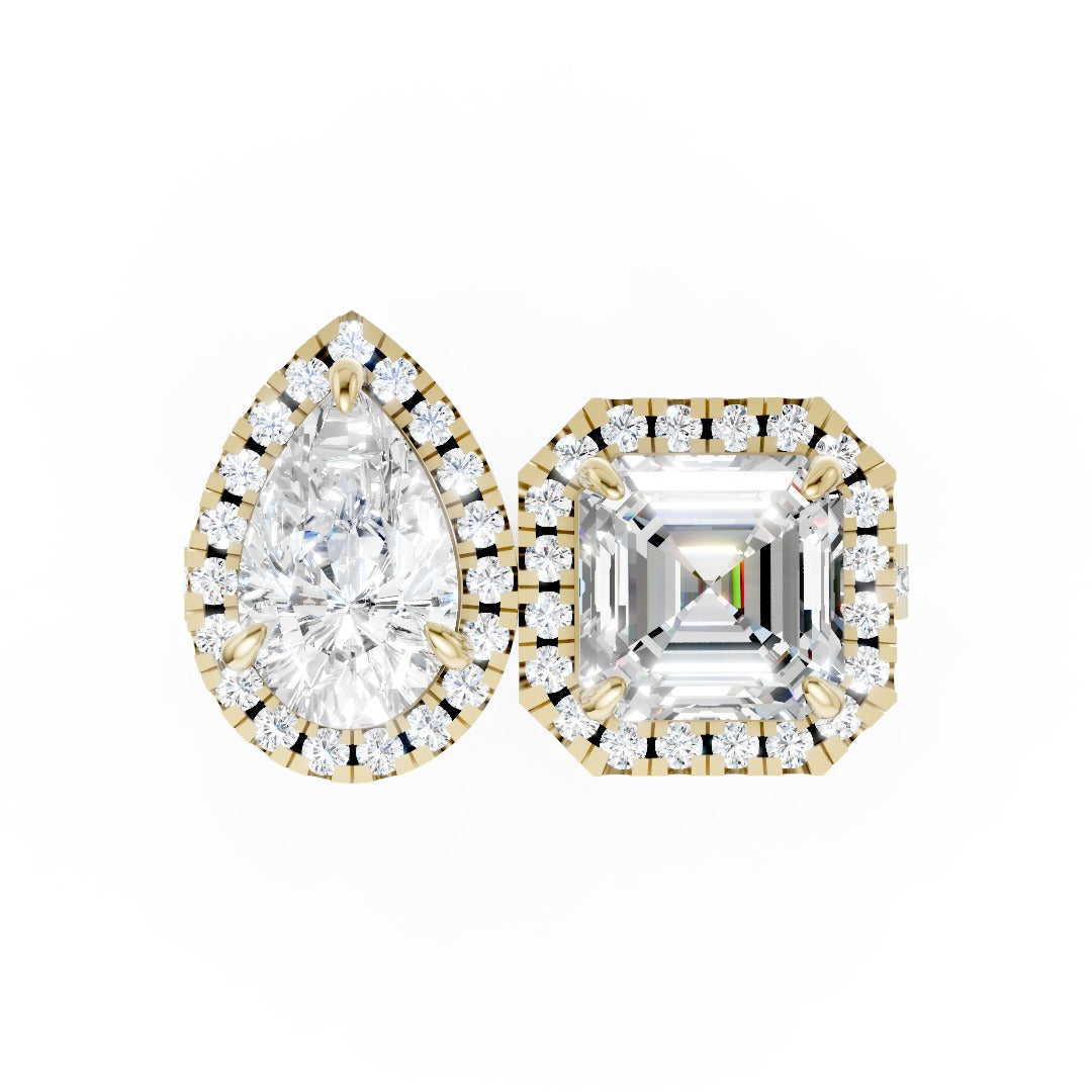 You And Me Pear And Asscher Diamond Cathedral Shank Ring