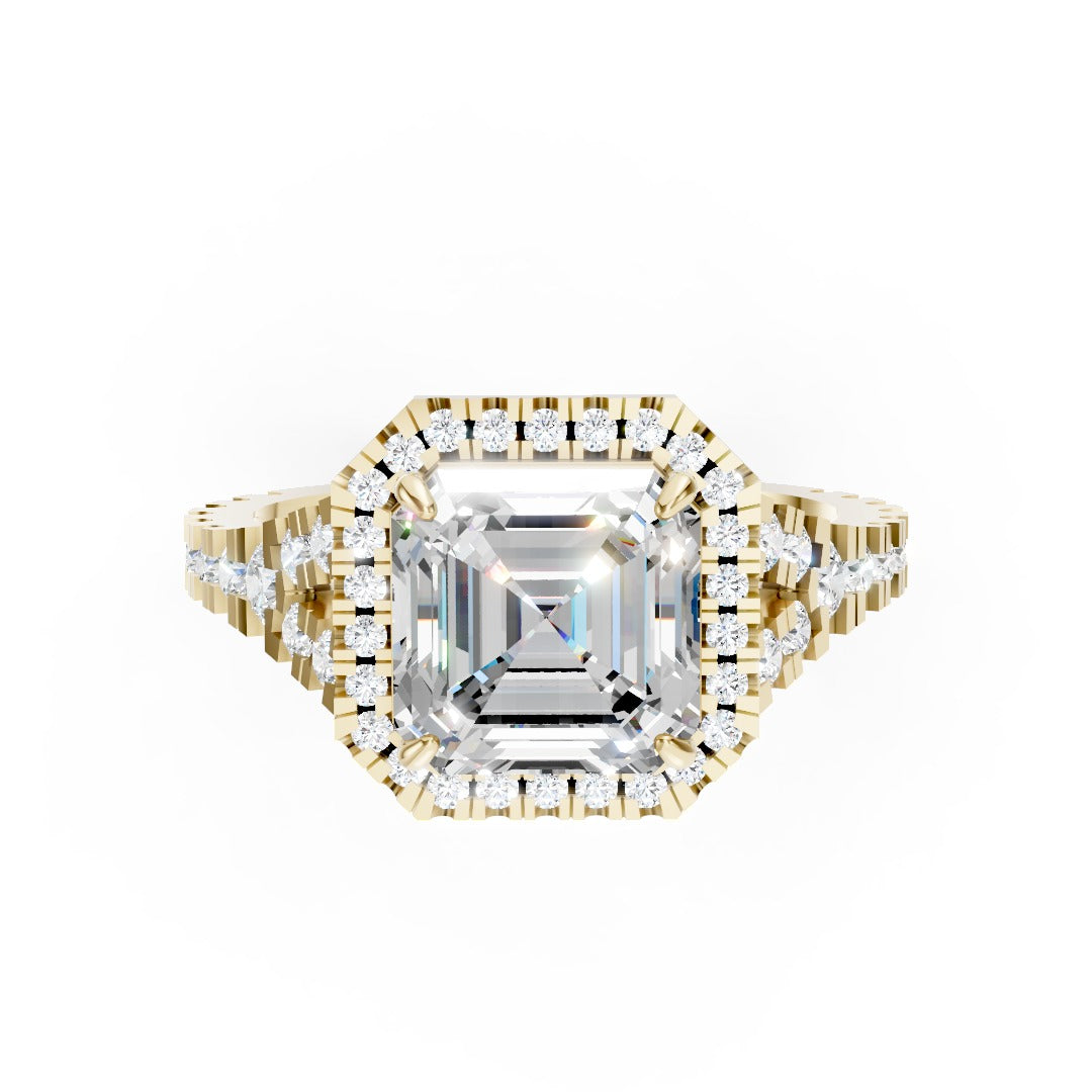 Asscher Cut Halo & V-Split Shank Pavé Diamond Ring