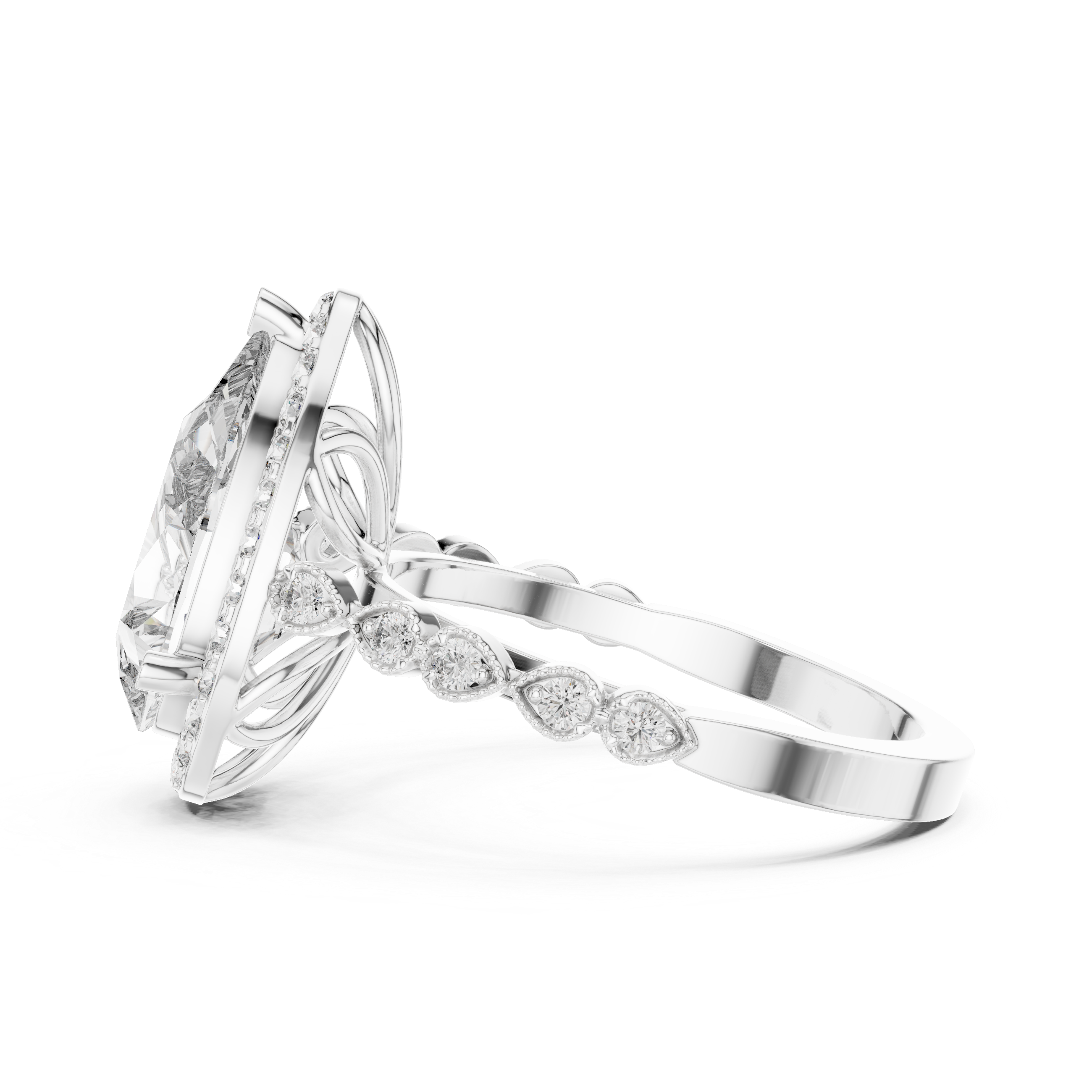 Pear Diamond Halo Ring with Milgrain Pear Station Band