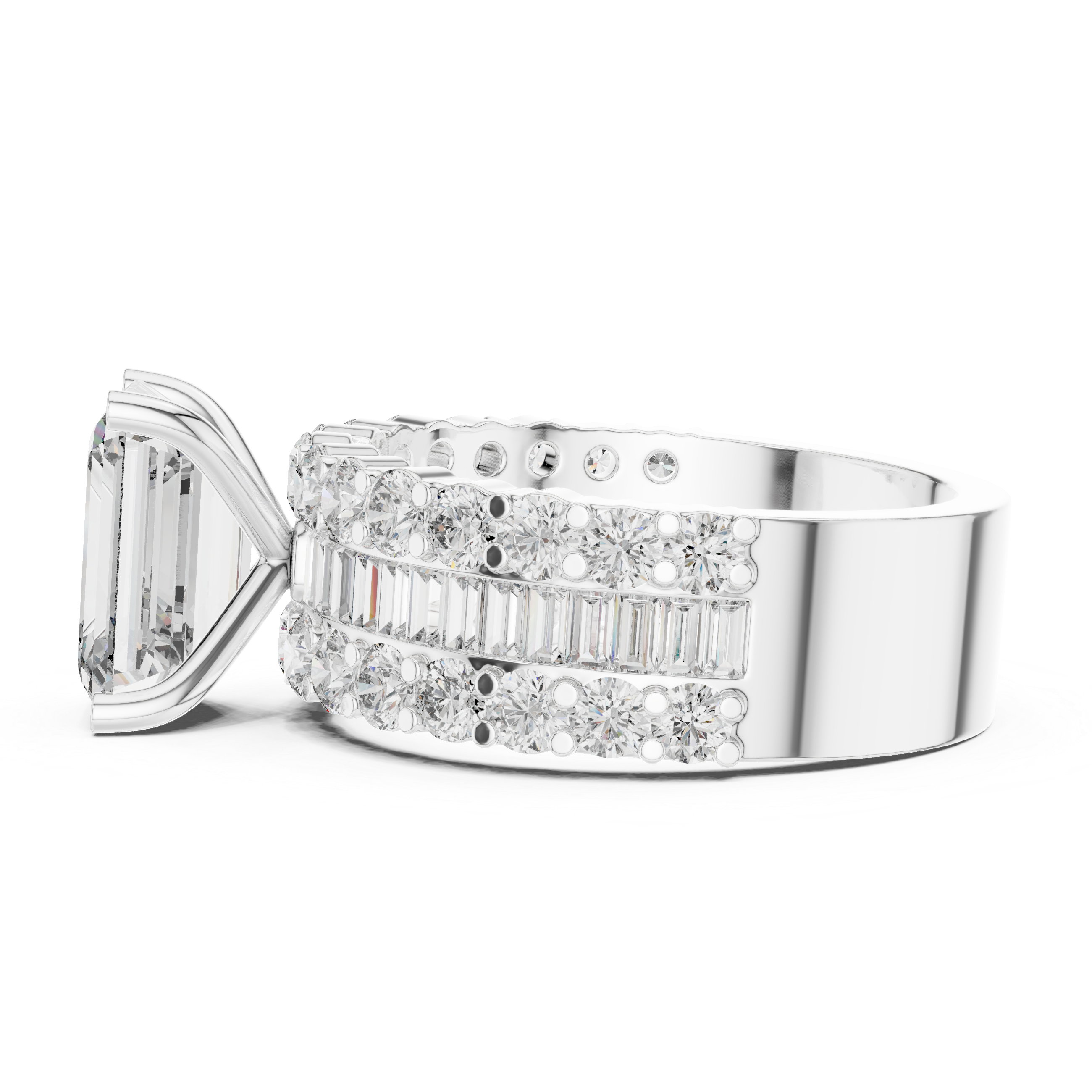 Emerald Cut Wide Triple-Row Diamond Ring