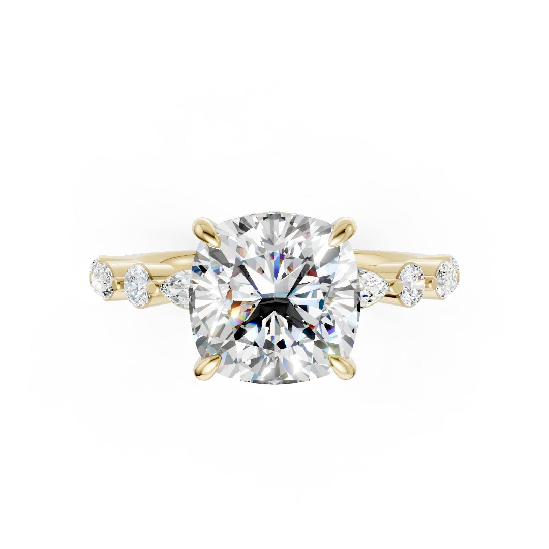 Cushion Cut Diamond Alternating Round And Marquise Engagement Ring