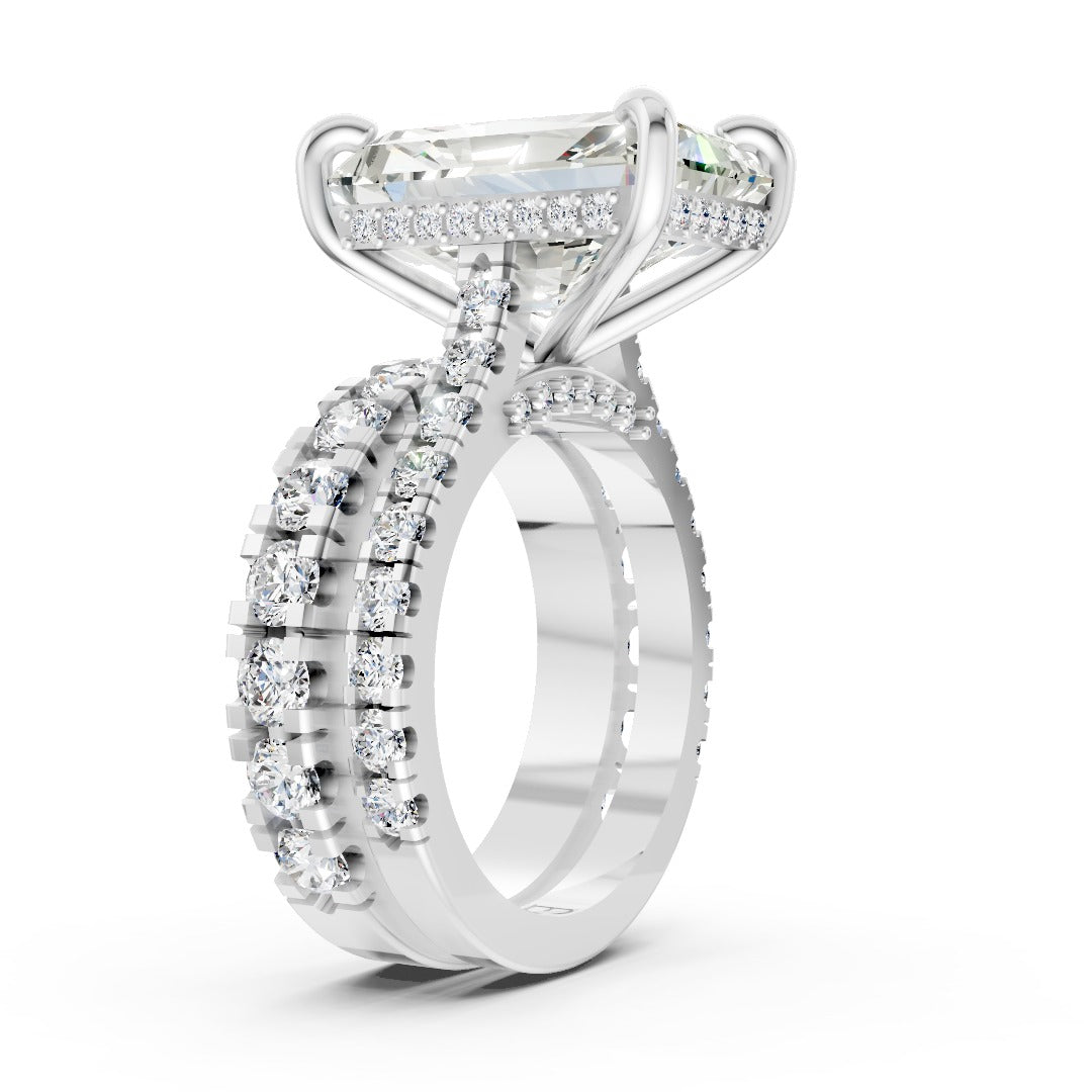 Radiant Cut Hidden Halo Double Row Diamond Bridal Set