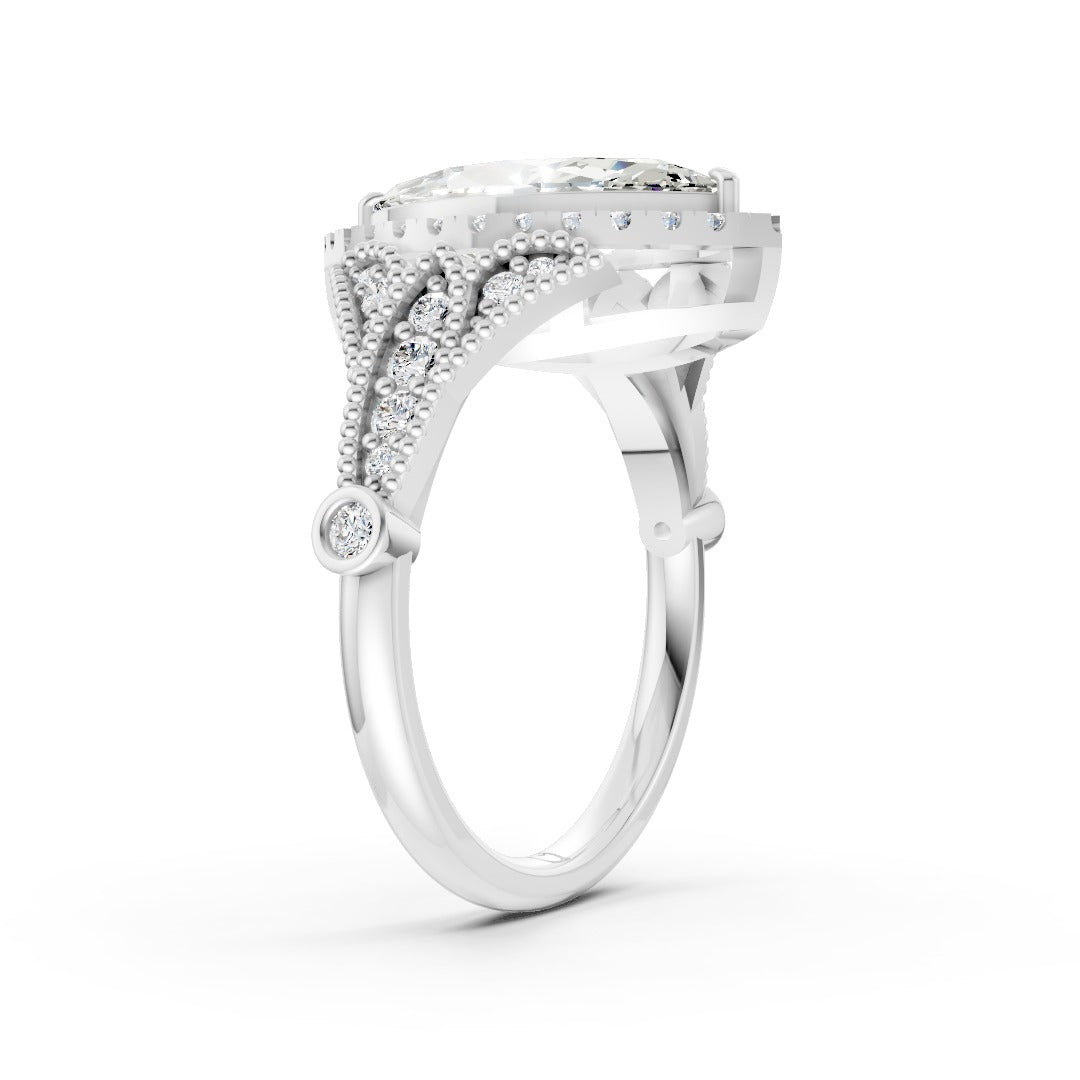 Vintage Inspired Marquise Cut Lab Diamond Milgrain Halo Wedding Ring