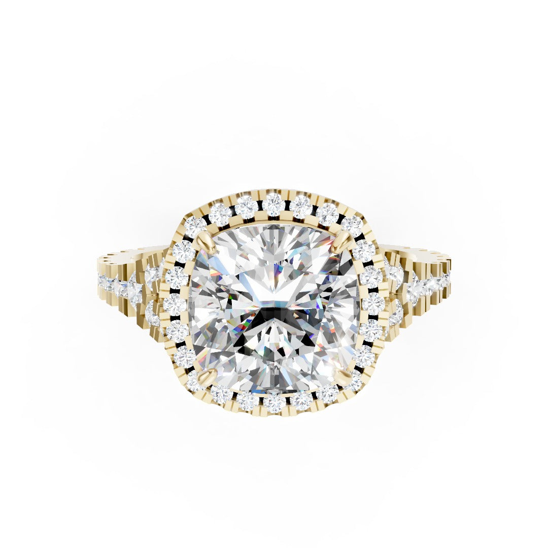 Cushion Cut Halo & V-Split Shank Pavé Diamond Ring
