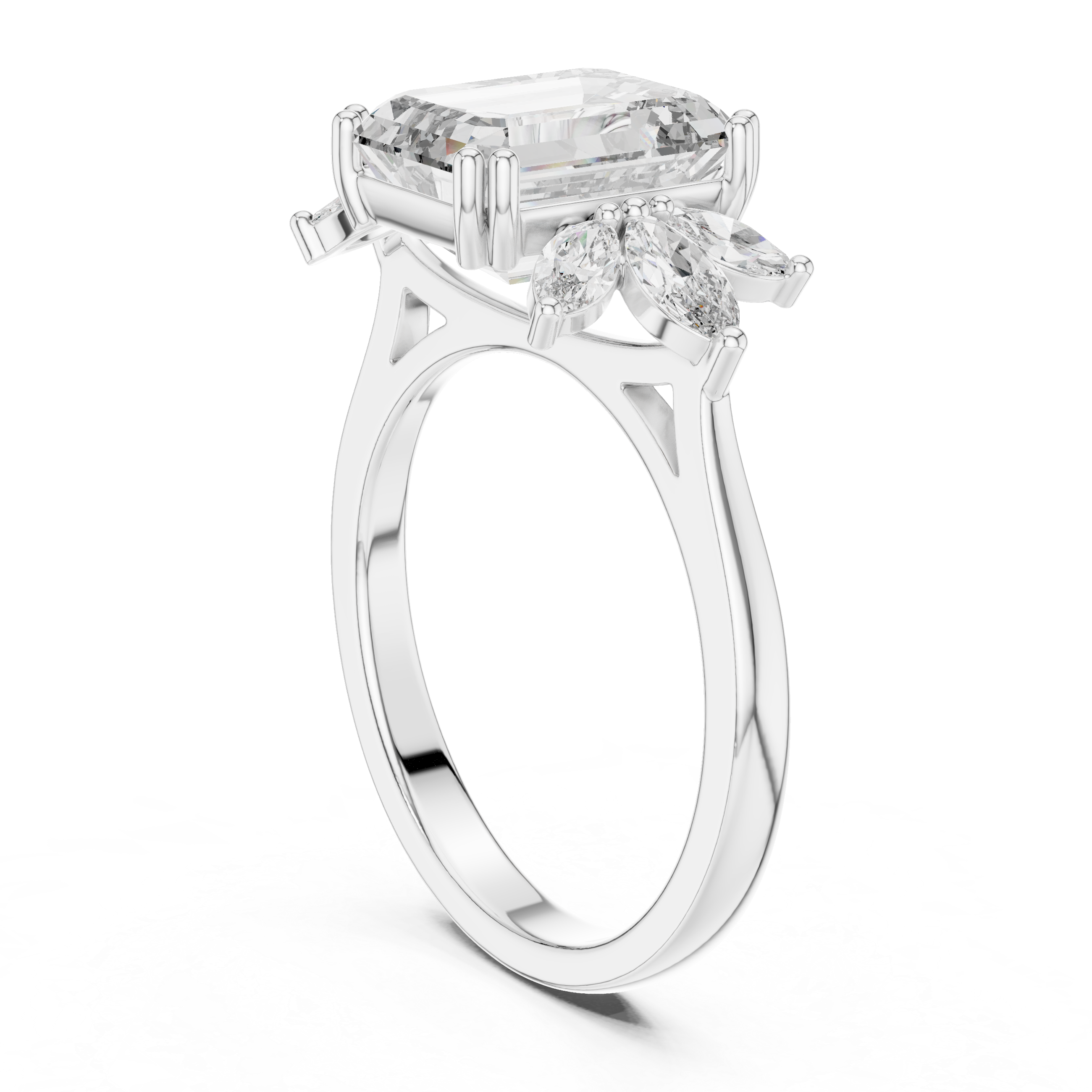 Emerald Cut Diamond Floral Engagement Ring