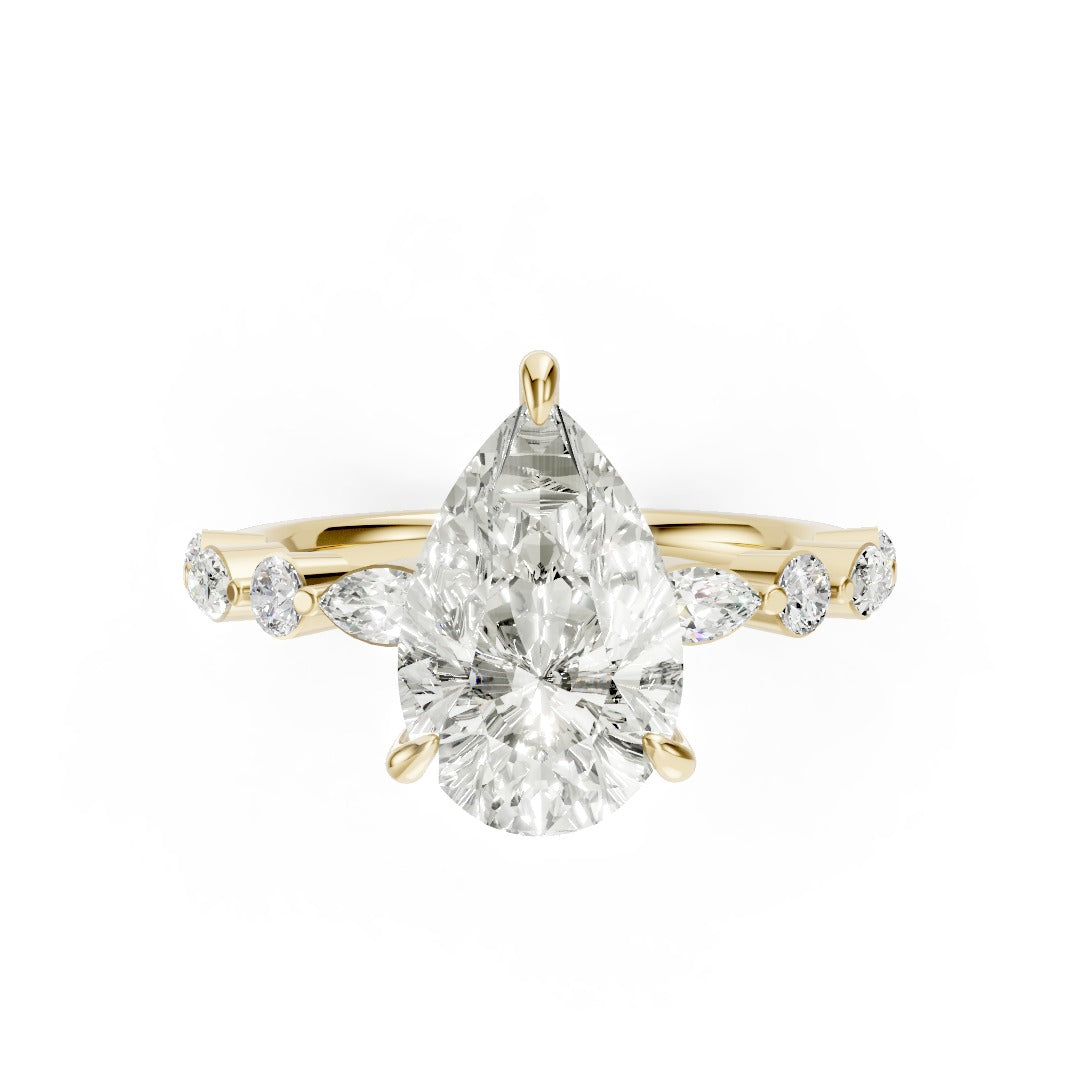 Pear Cut Diamond Alternating Round And Marquise Engagement Ring