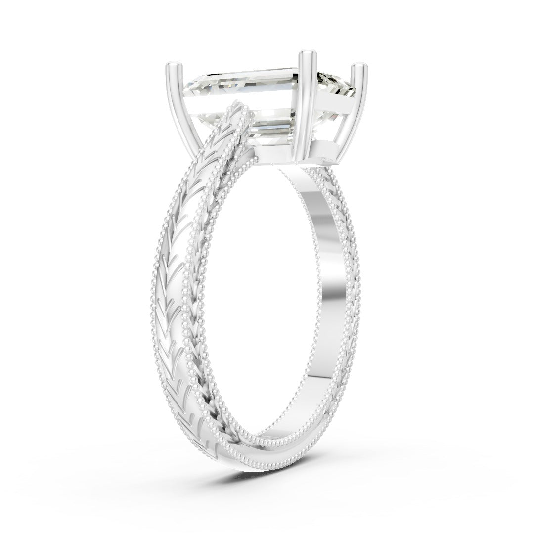 Emerald Cut Diamond Engagement Ring with Leaf Engraved Band
