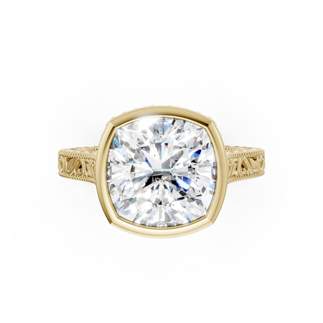 Cushion Cut Bezel Set Filigree Engagement Ring