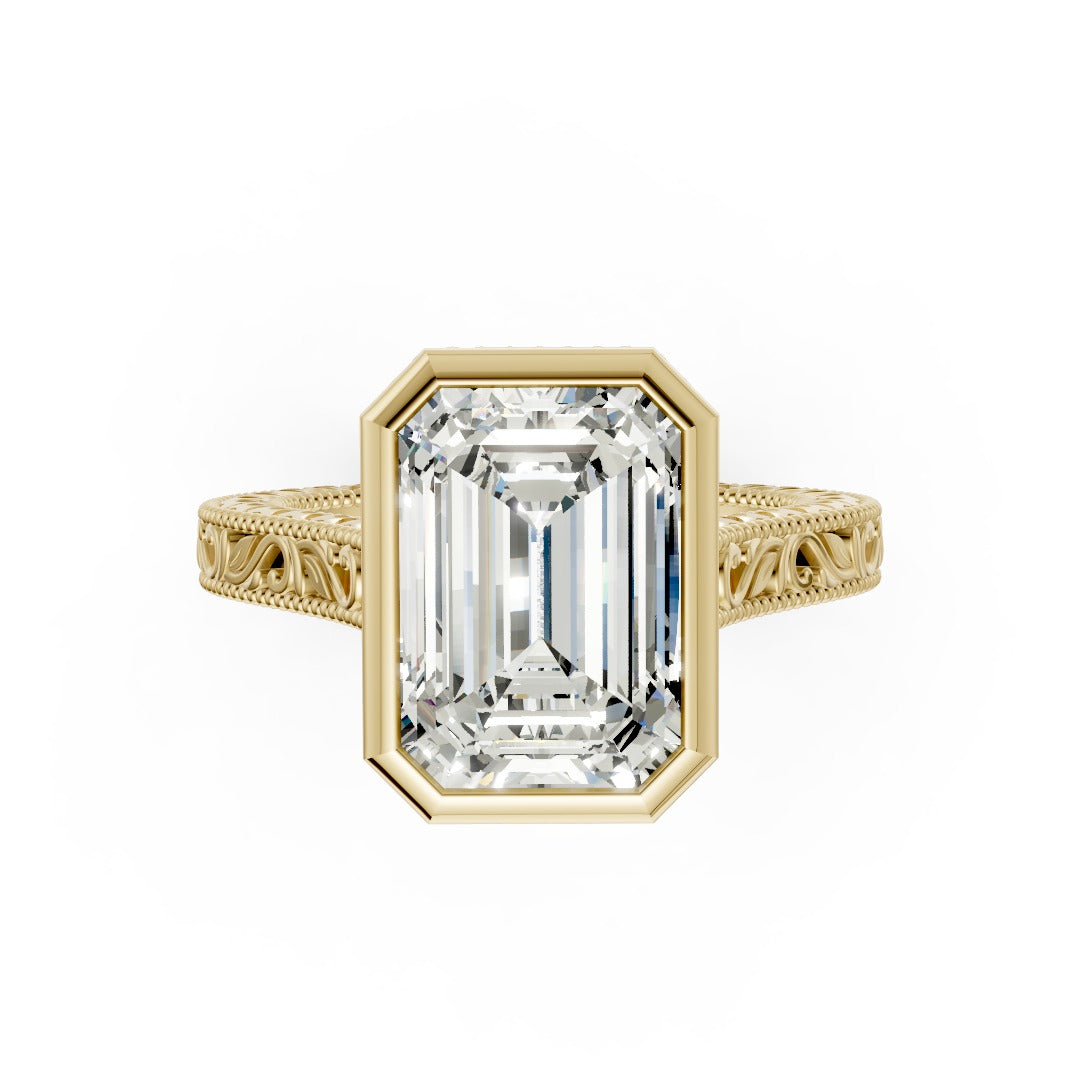 Emerald Cut Bezel Set Filigree Engagement Ring