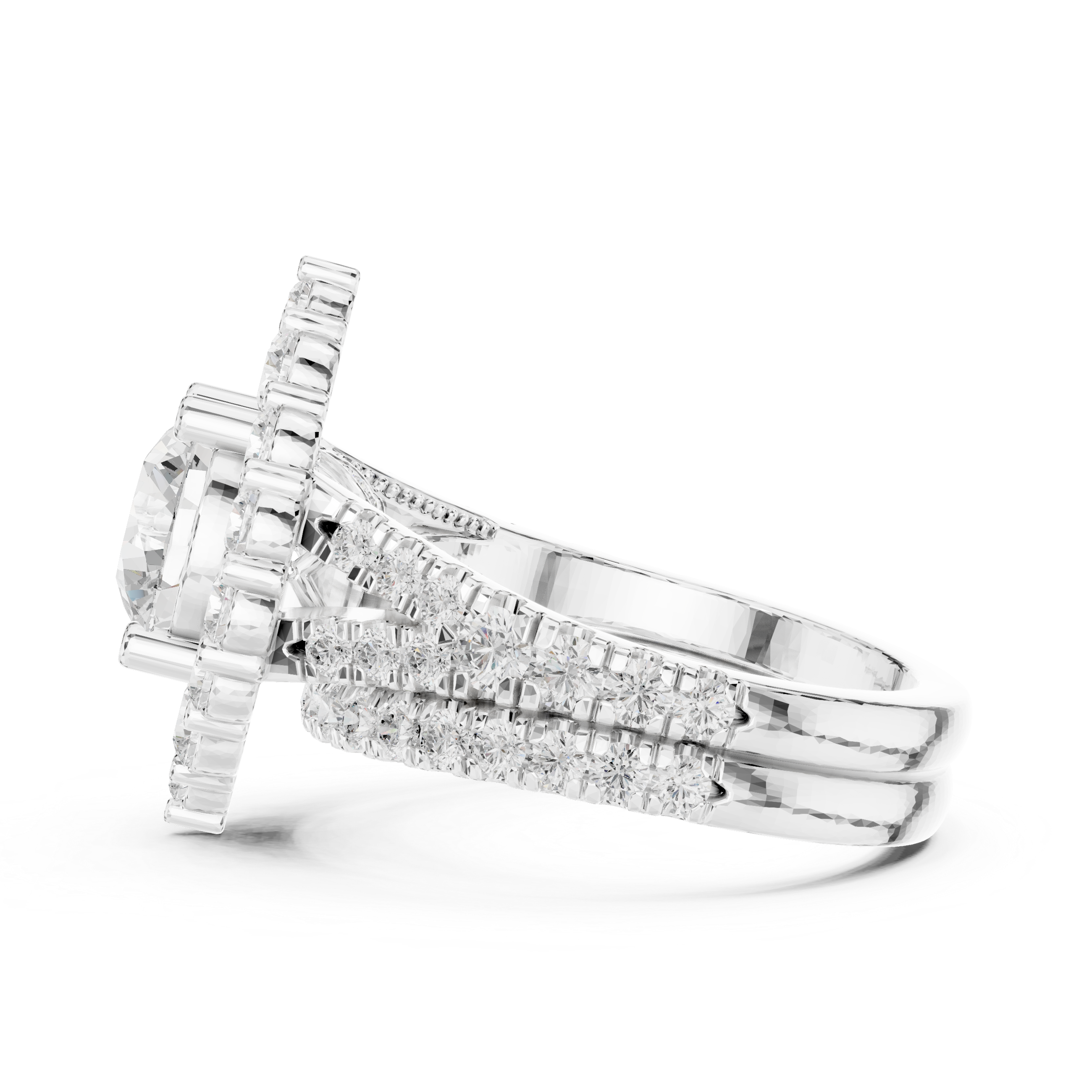 Round Cut Pave Diamond Statement Ring with Triple Row Shank