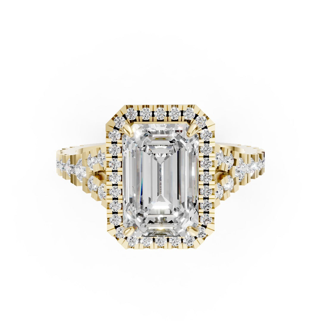 Emerald Cut Halo & V-Split Shank Pavé Diamond Ring