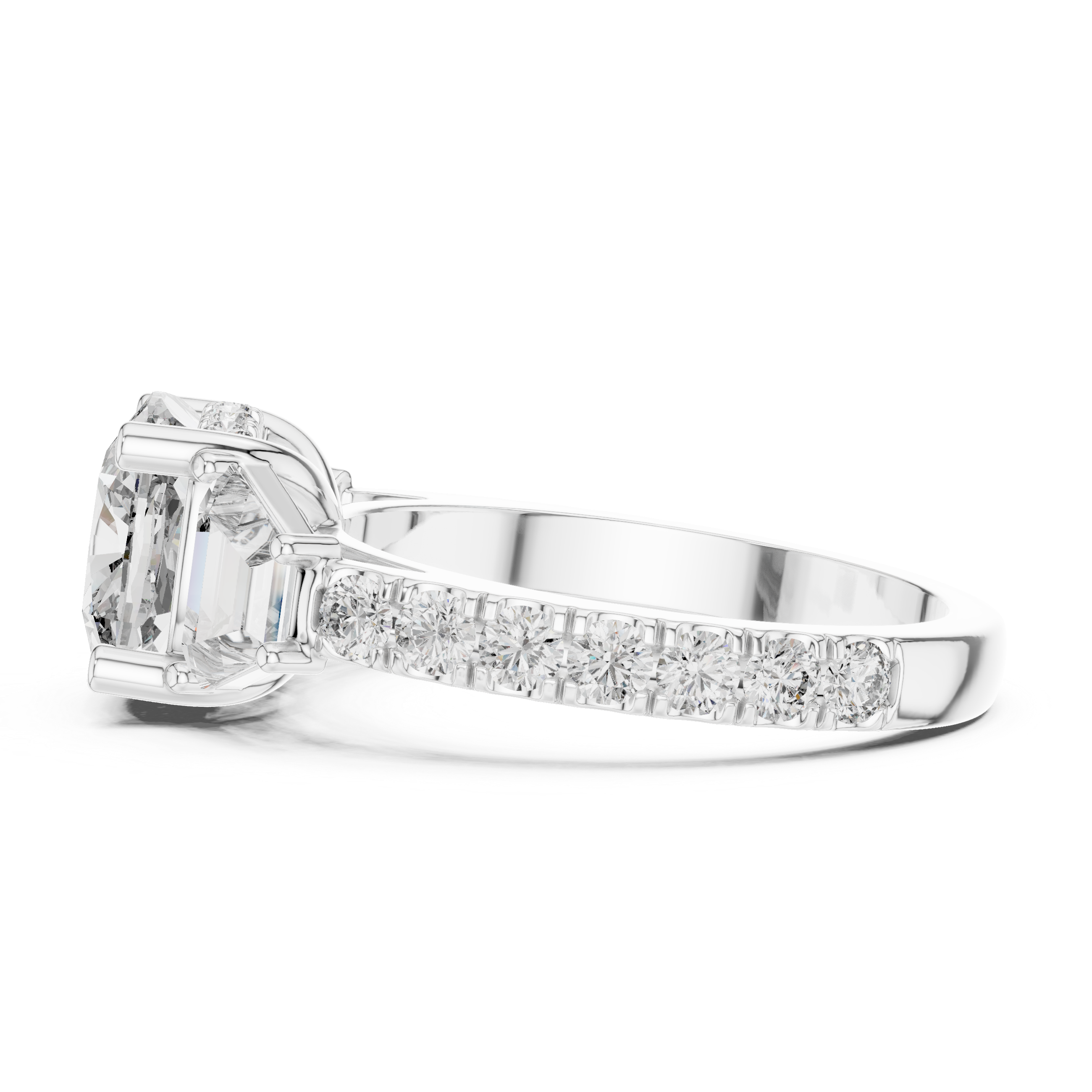 Three Stone Cushion Diamond Ring With Pave Band