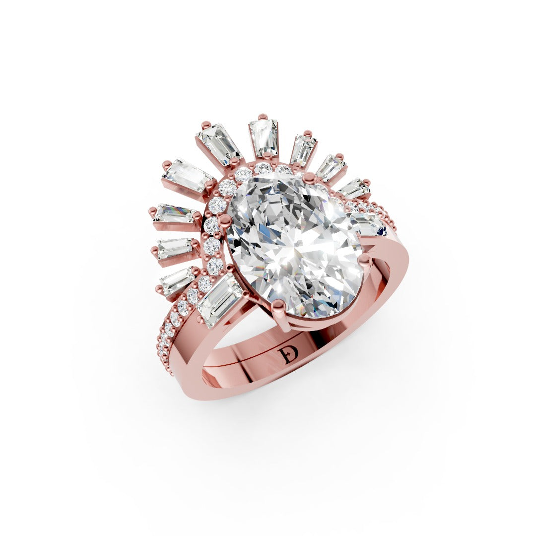 Art Deco Inspired Oval Cut Lab Diamond Sunburst Crown Bridal Set