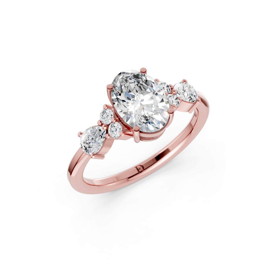 Oval Cut Lab Diamond Engagement Ring With Side Pear And Round Accent