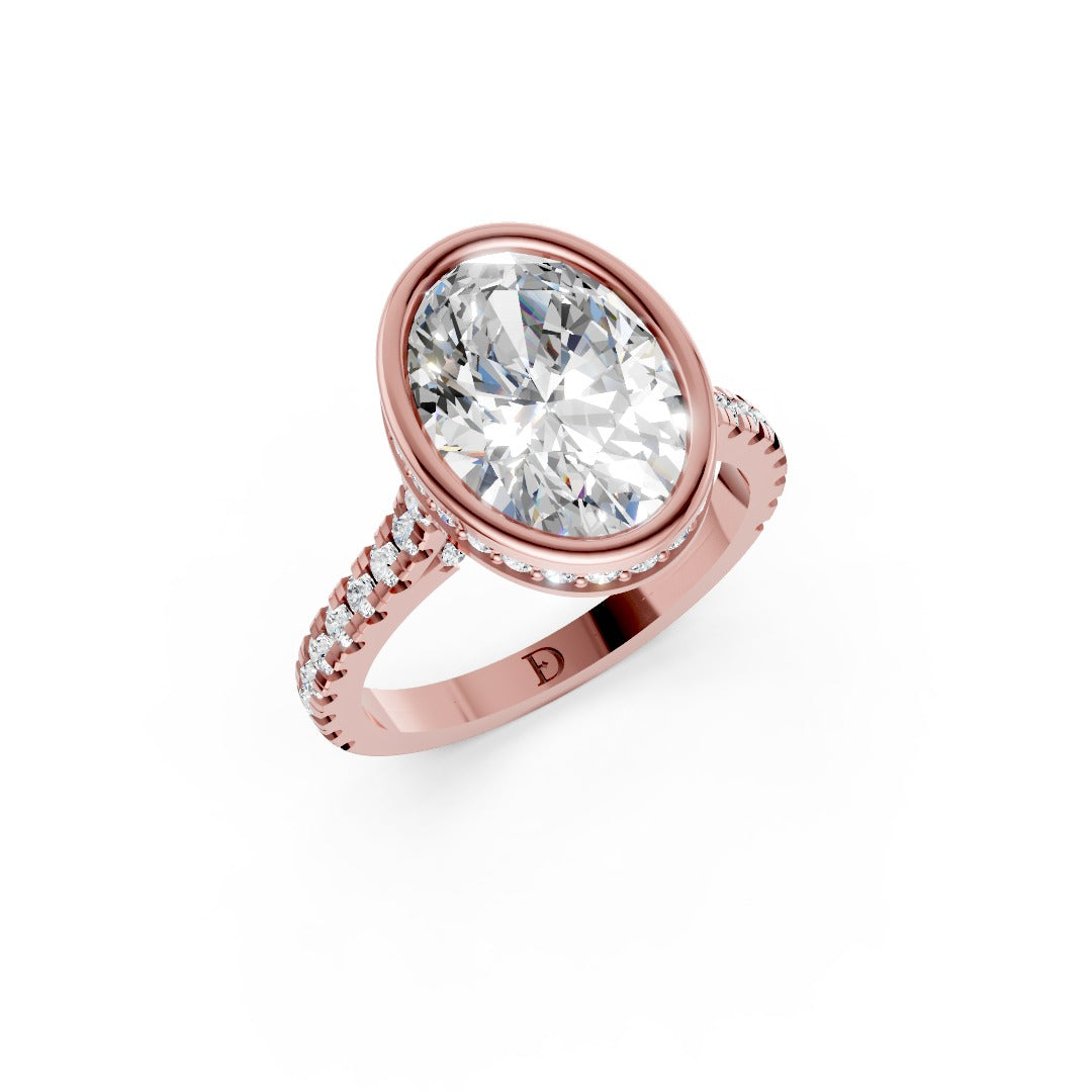 Oval Brilliant Diamond Bezel Engagement Ring with Hidden Halo Diamond