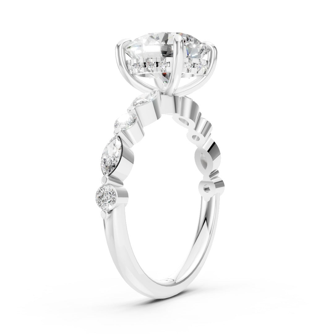 Round Cut Diamond Alternating Round And Marquise Engagement Ring