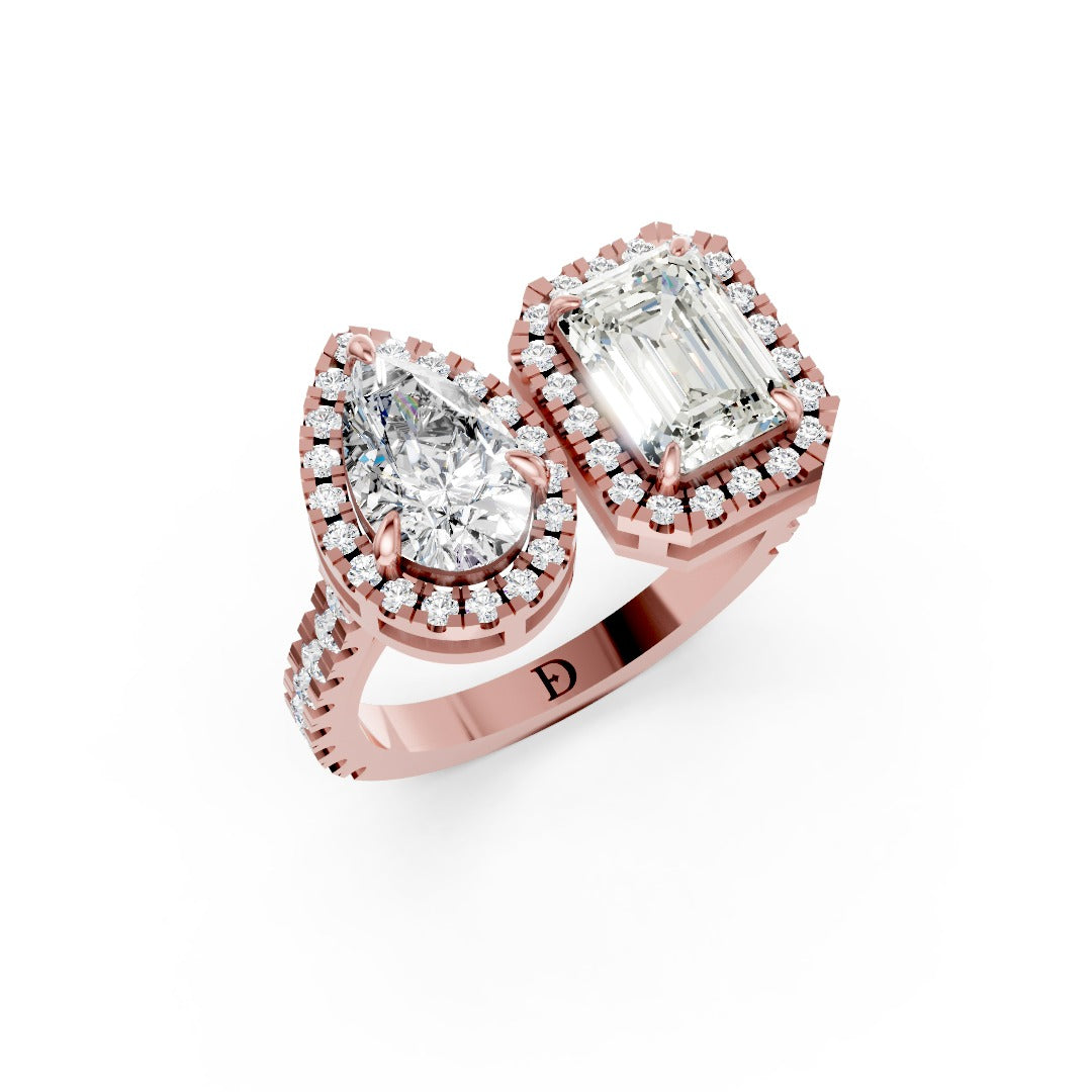 You And Me Pear And Emerald Diamond Cathedral Shank Ring