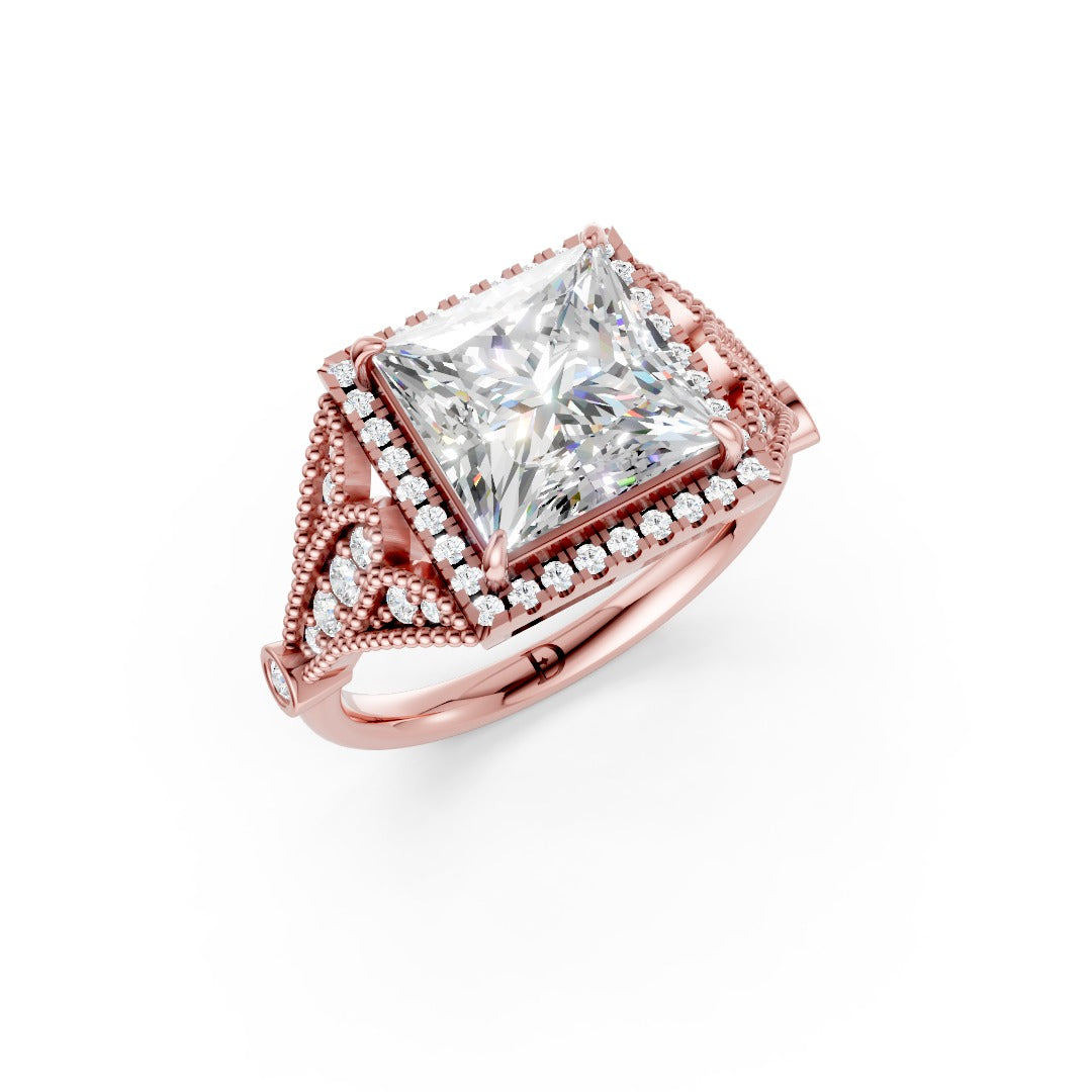 Vintage Inspired Princess Cut Lab Diamond Milgrain Halo Wedding Ring