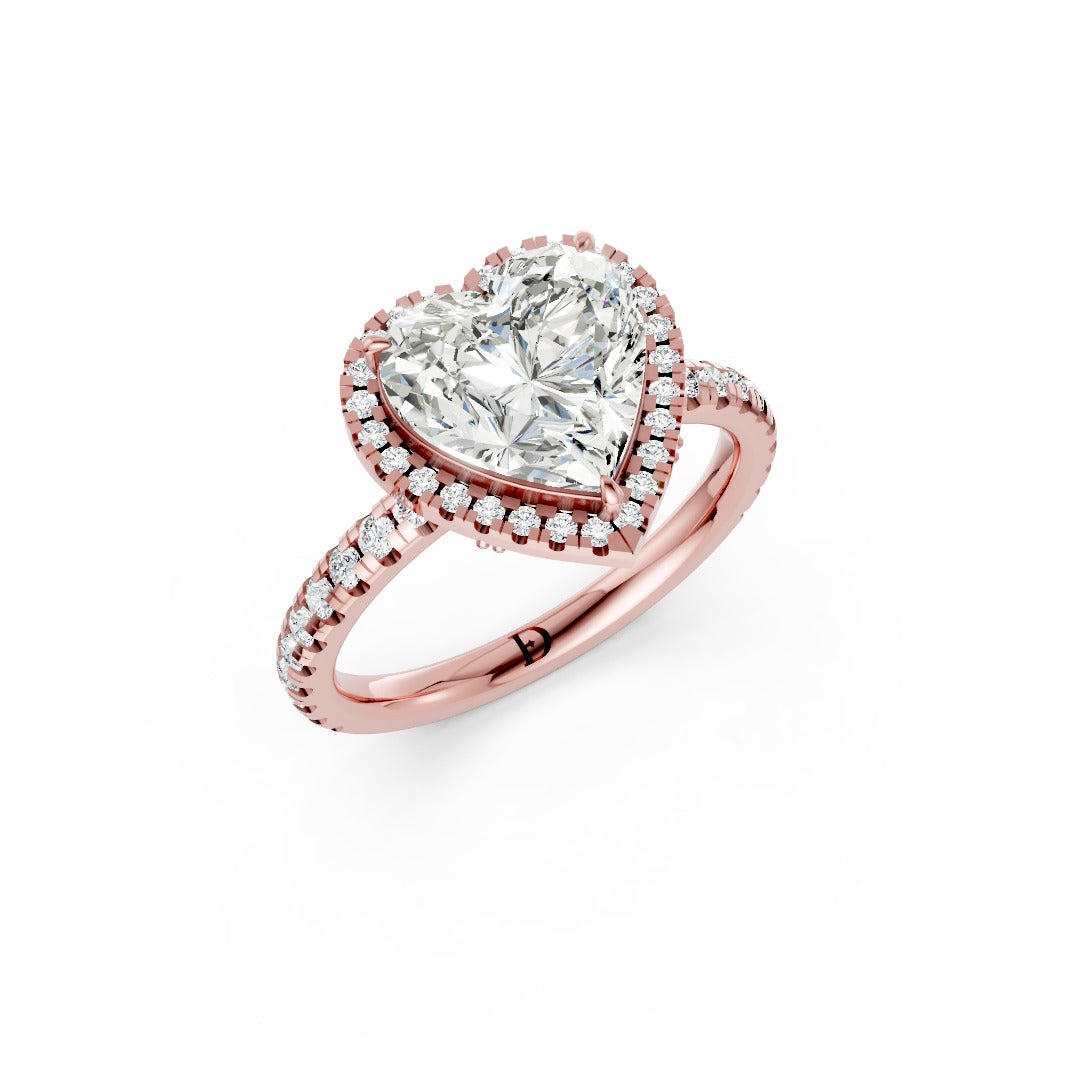 Lab Grown Heart Diamond Halo Engagement Ring With Pave Set Band