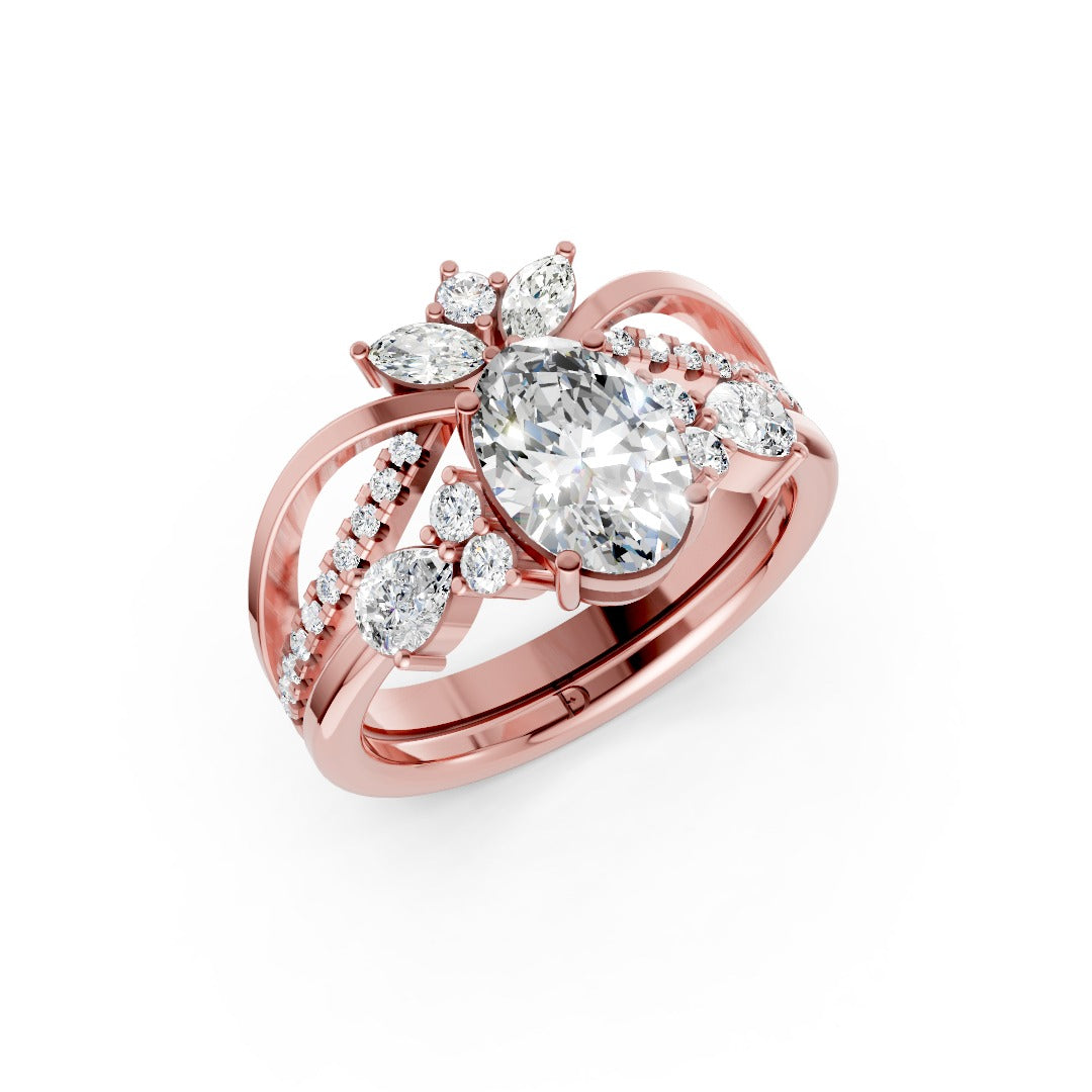 Vintage Inspired Oval Cut Diamond Wedding Ring Set With Matching band