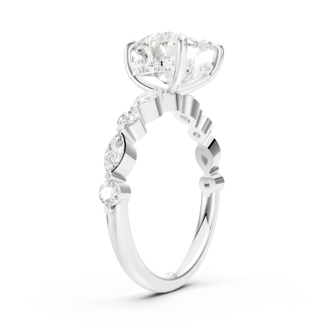 Heart Cut Diamond Alternating Round And Marquise Engagement Ring