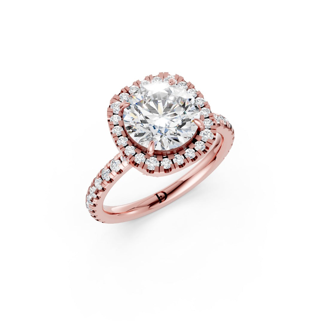 Lab Grown Round Diamond Halo Engagement Ring With Pave Set Band