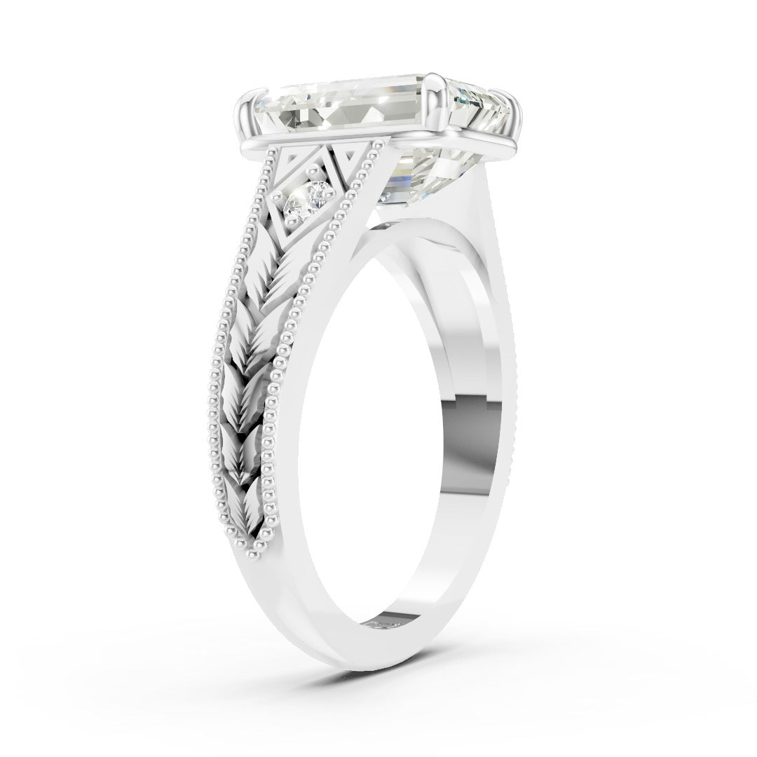 Antique Three Stone Leaf Engraved Band Emerald Cut Ring