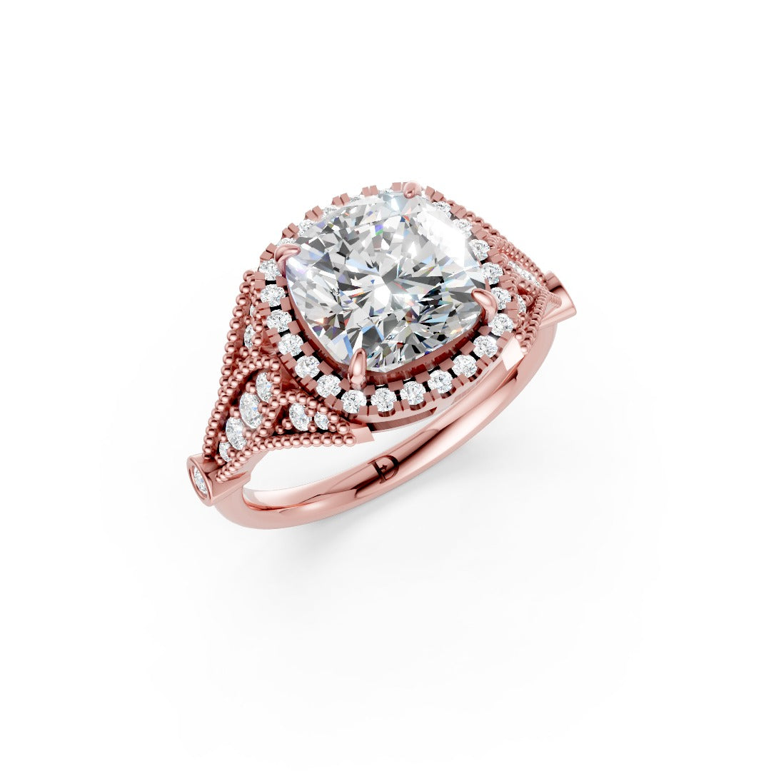 Vintage Inspired Cushion Cut Lab Diamond Milgrain Halo Wedding Ring
