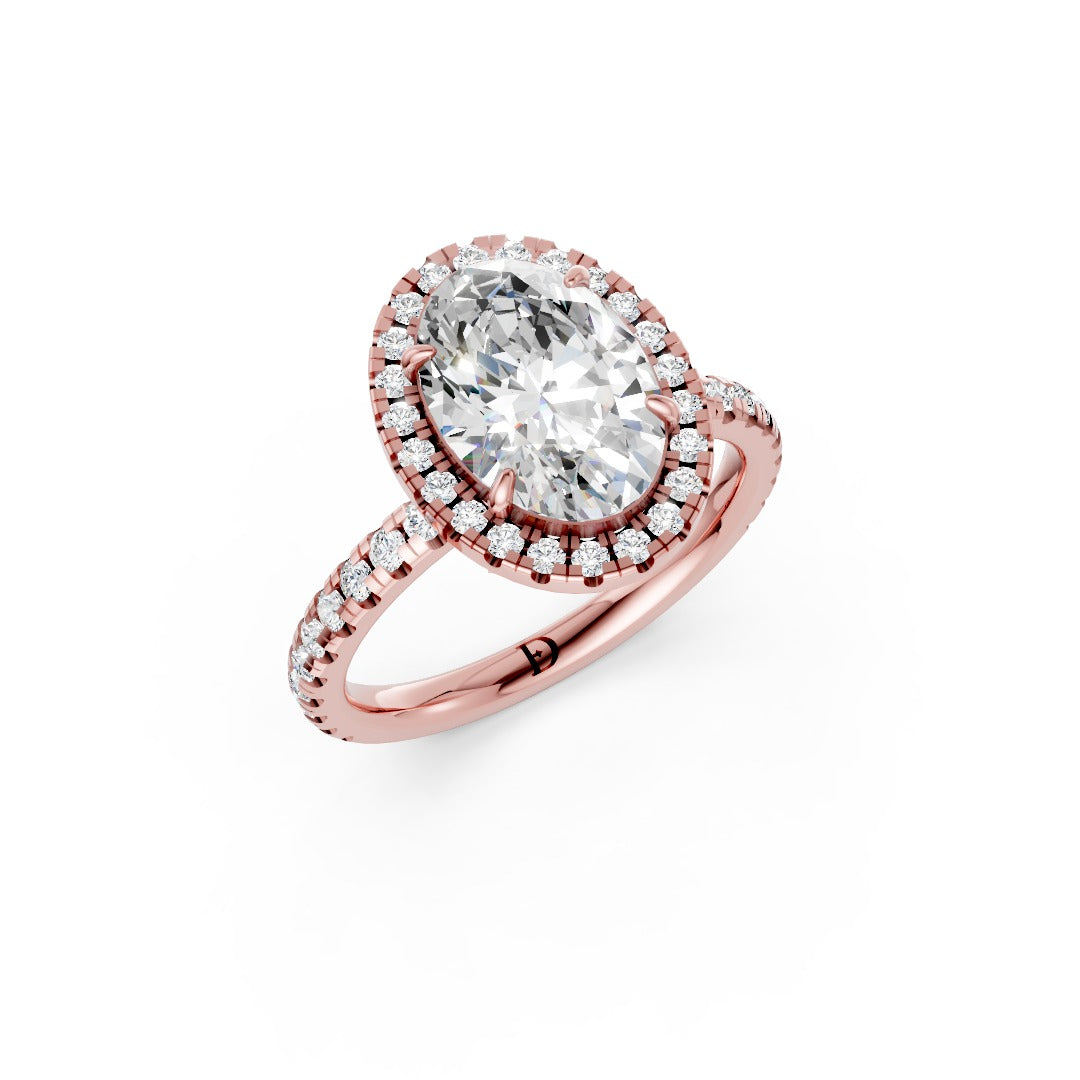 Lab Grown Oval Diamond Halo Engagement Ring With Pave Set Band