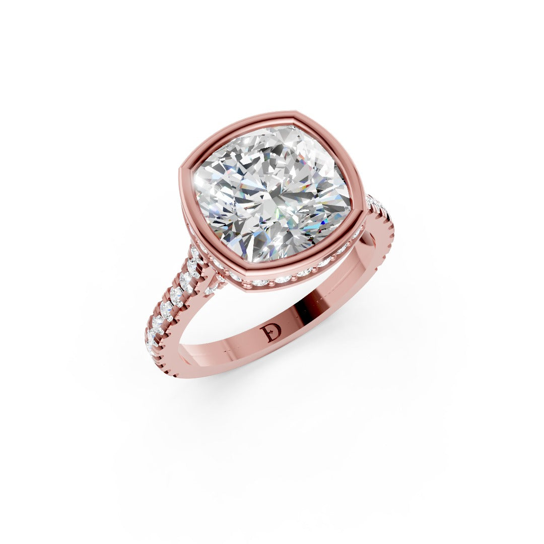 Cushion Brilliant Diamond Bezel Engagement Ring with Hidden Halo Diamond
